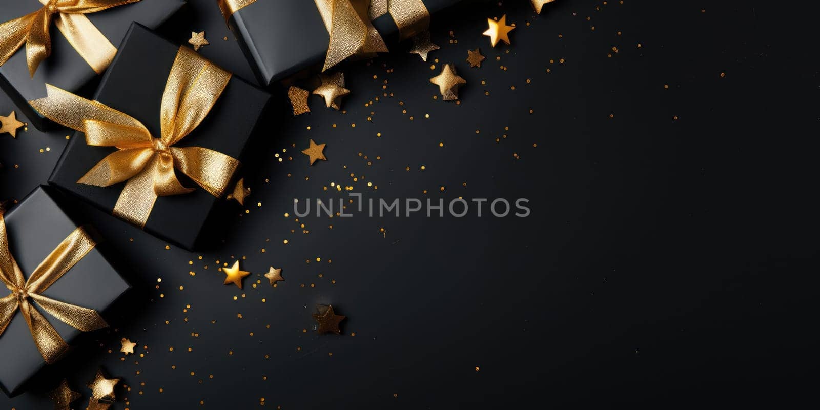 Black Friday. Cyber Monday. Gift boxes with golden ribbon on black background with copy space for text. Generative ai by nateemee