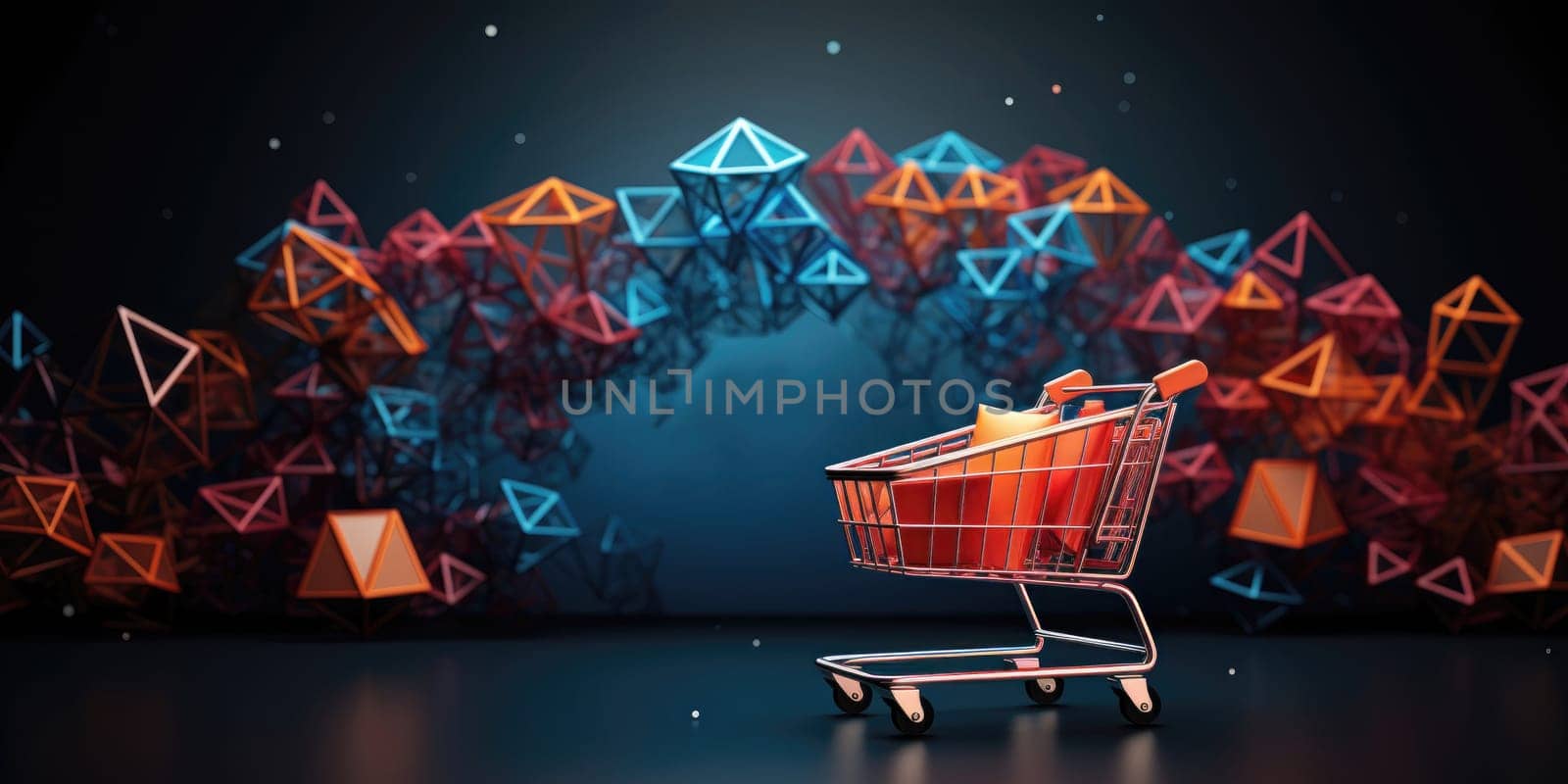 Shopping cart with cardboard boxes banner background, online stores concept. Cyber Monday, black Friday and Christmas sale concept. Generative AI by nateemee