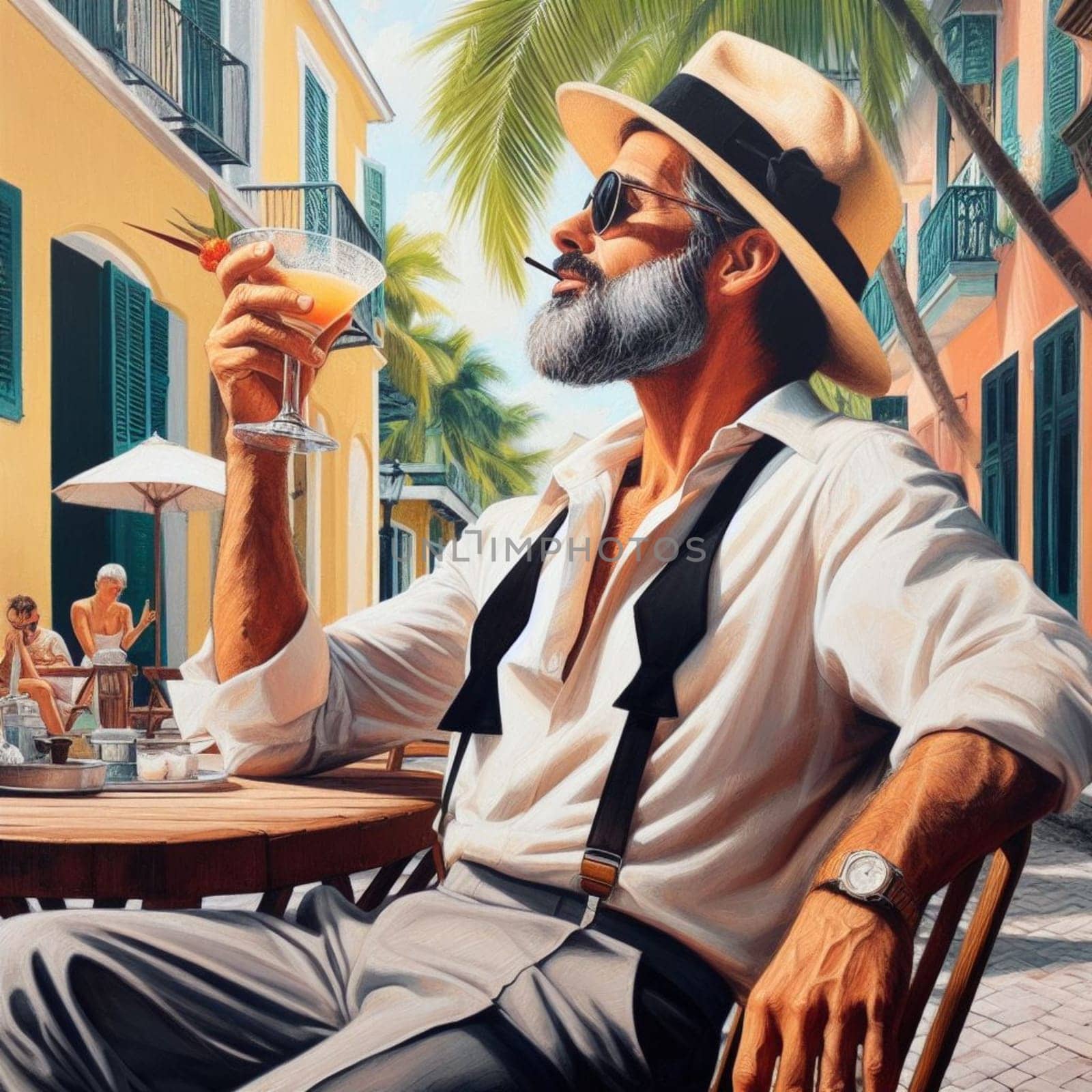 portrait of famous writer spy illustration drinking his cocktail in key west, florida by verbano