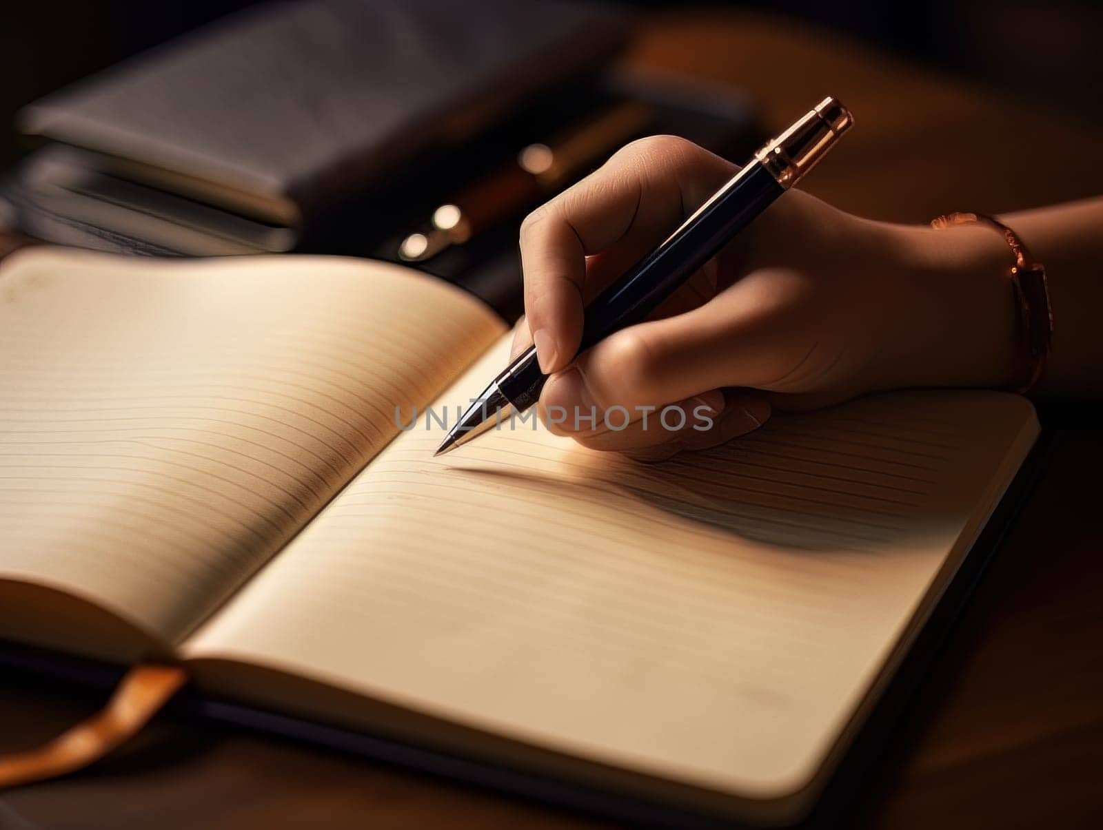 Female hand makes notes in blank notebook, close-up of hand without face with working notebook at wooden work table. Finance and accounting for a successful business strategy AI