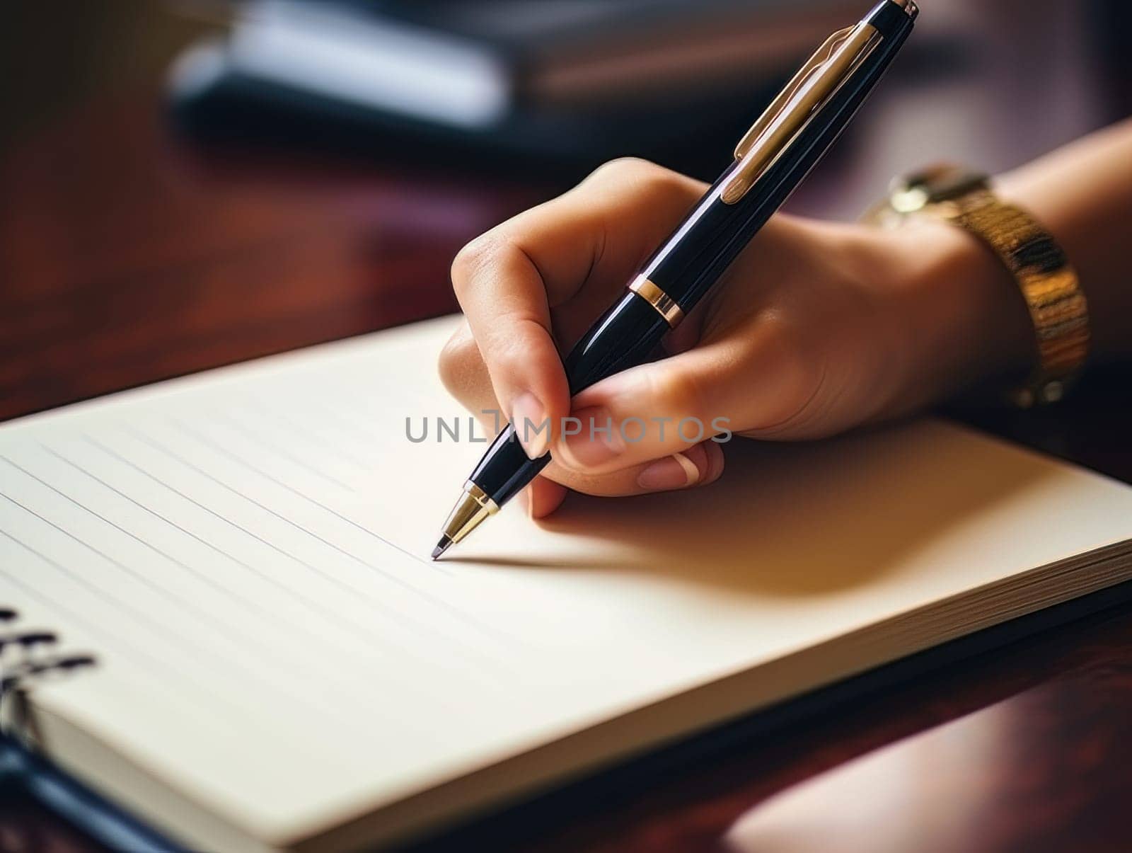 Female hand makes notes in blank notebook, close-up of hand without face with working notebook at wooden work table. Finance and accounting for a successful business strategy AI