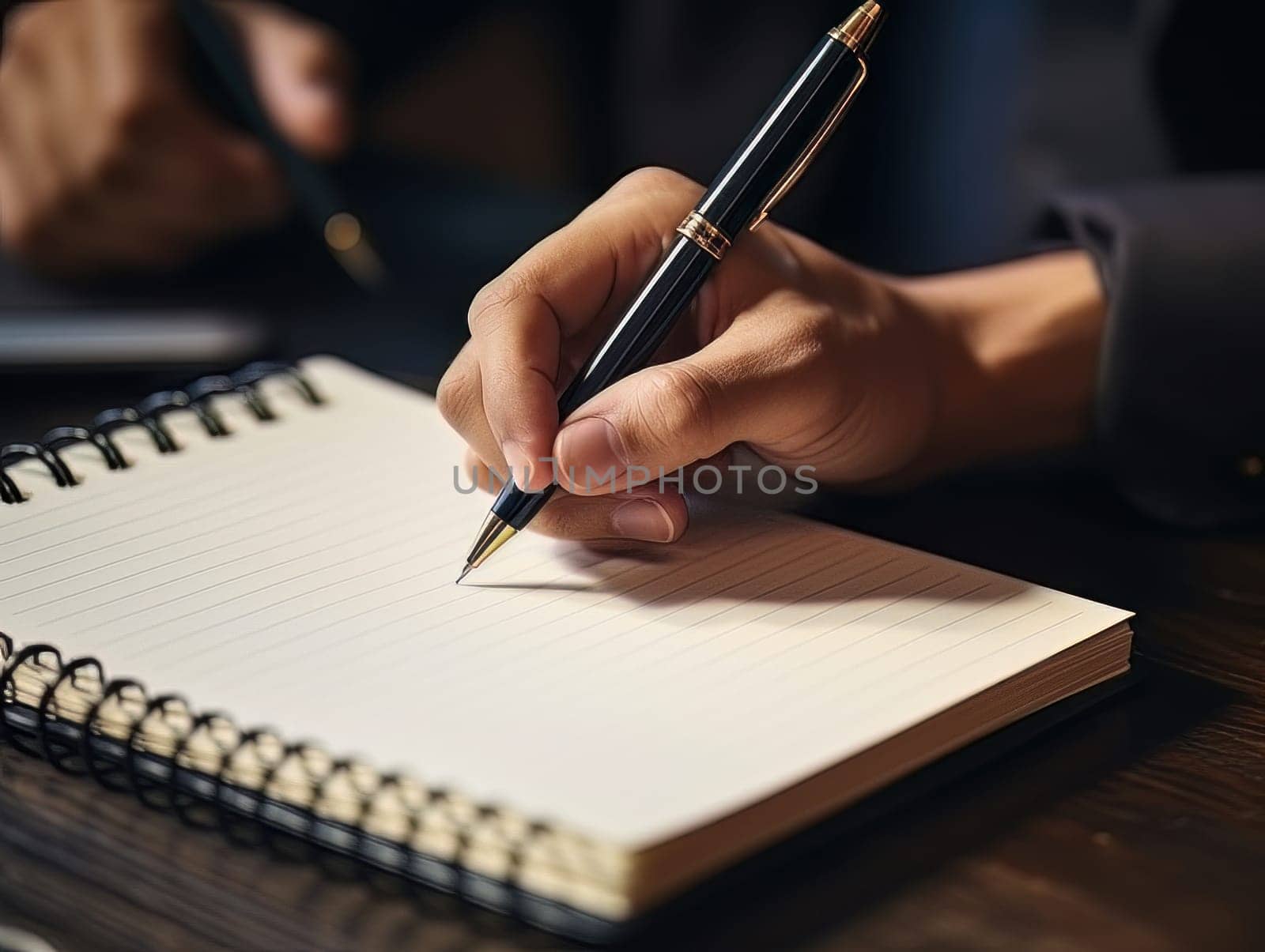 Male hand makes notes in notebook, close-up of hand without face with working notebook at wooden table. Finance and accounting for a successful business strategy AI