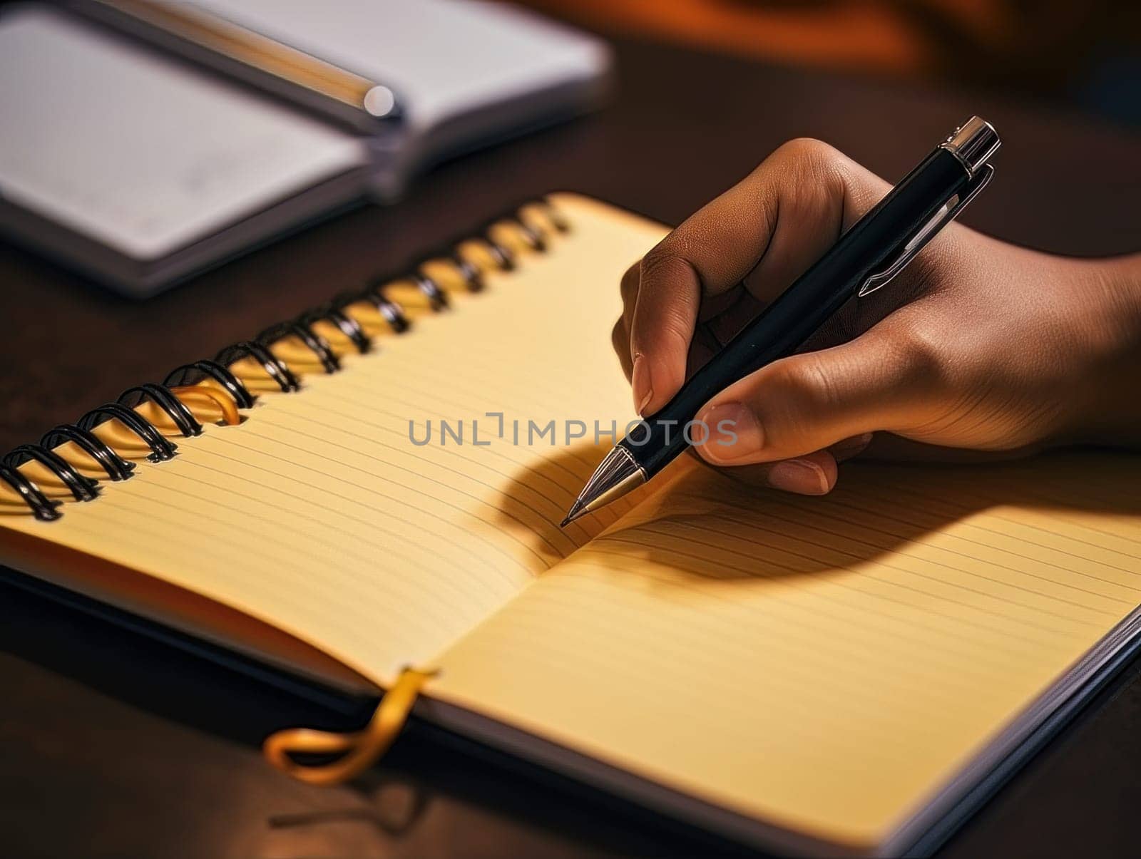 Male hand makes notes in blank notebook, close-up of hand without face with working notebook at wooden table. Finance and accounting for a successful business strategy AI