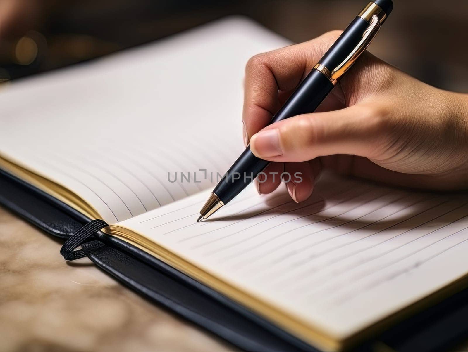 female hand makes notes in blank notebook, close-up of hand without face with working notebook at wooden table. Finance and accounting for a successful business strategy AI