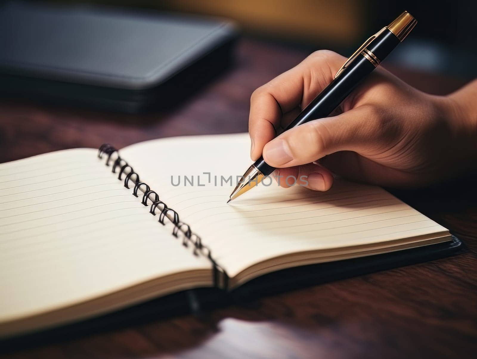 Male hand makes notes in blank notebook, close-up of hand without face with working notebook at wooden table. Finance and accounting for a successful business strategy AI