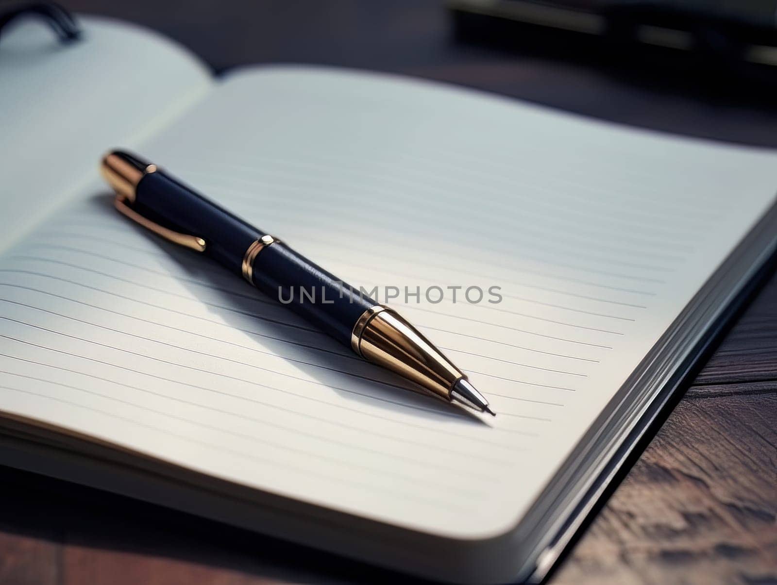 Notepad and pen for writing, stationery on wooden office table. Finance and accounting for a successful business strategy AI