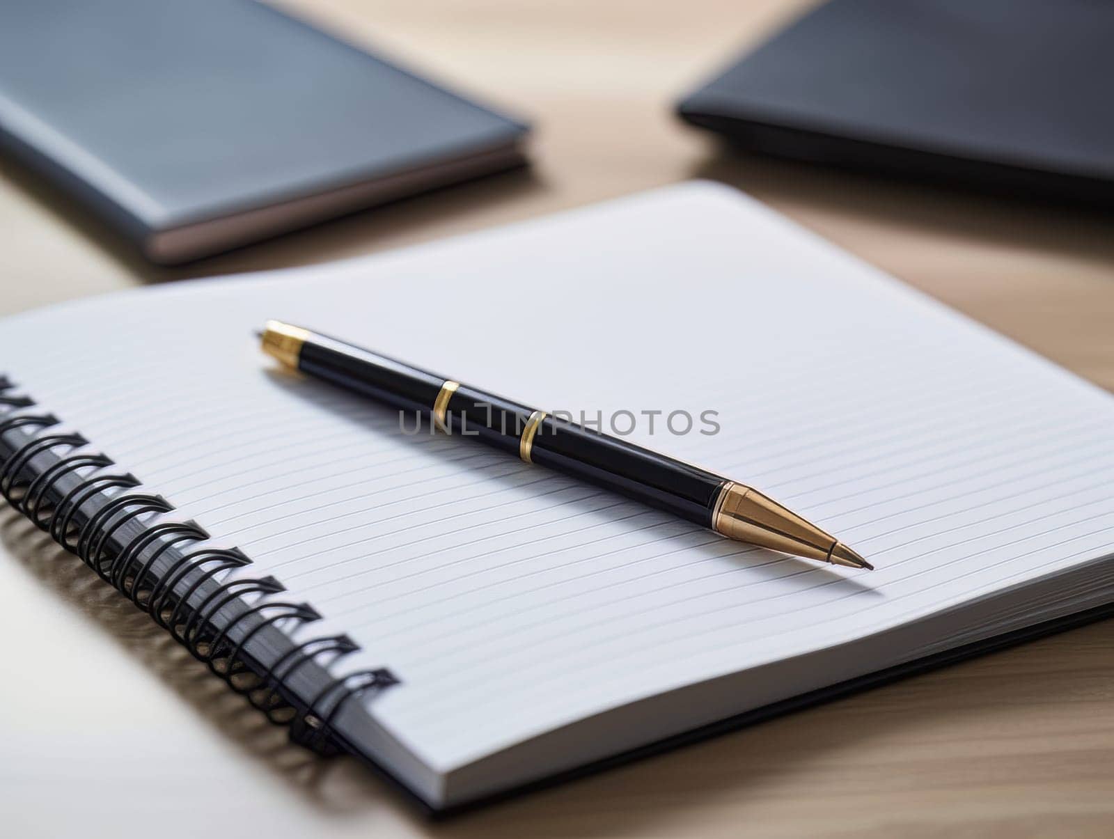 Notepad and pen for writing, stationery on wooden office table. Finance and accounting for a successful business strategy AI