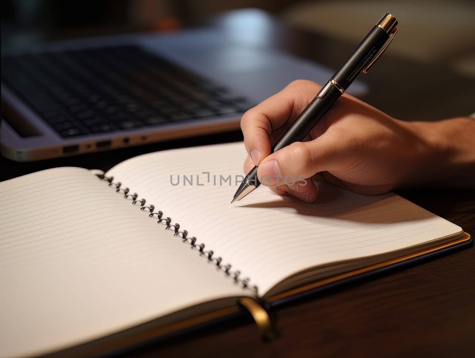 Male hand makes notes in blank notebook, close-up of hand without face with working notebook at wooden table. Finance and accounting for a successful business strategy AI