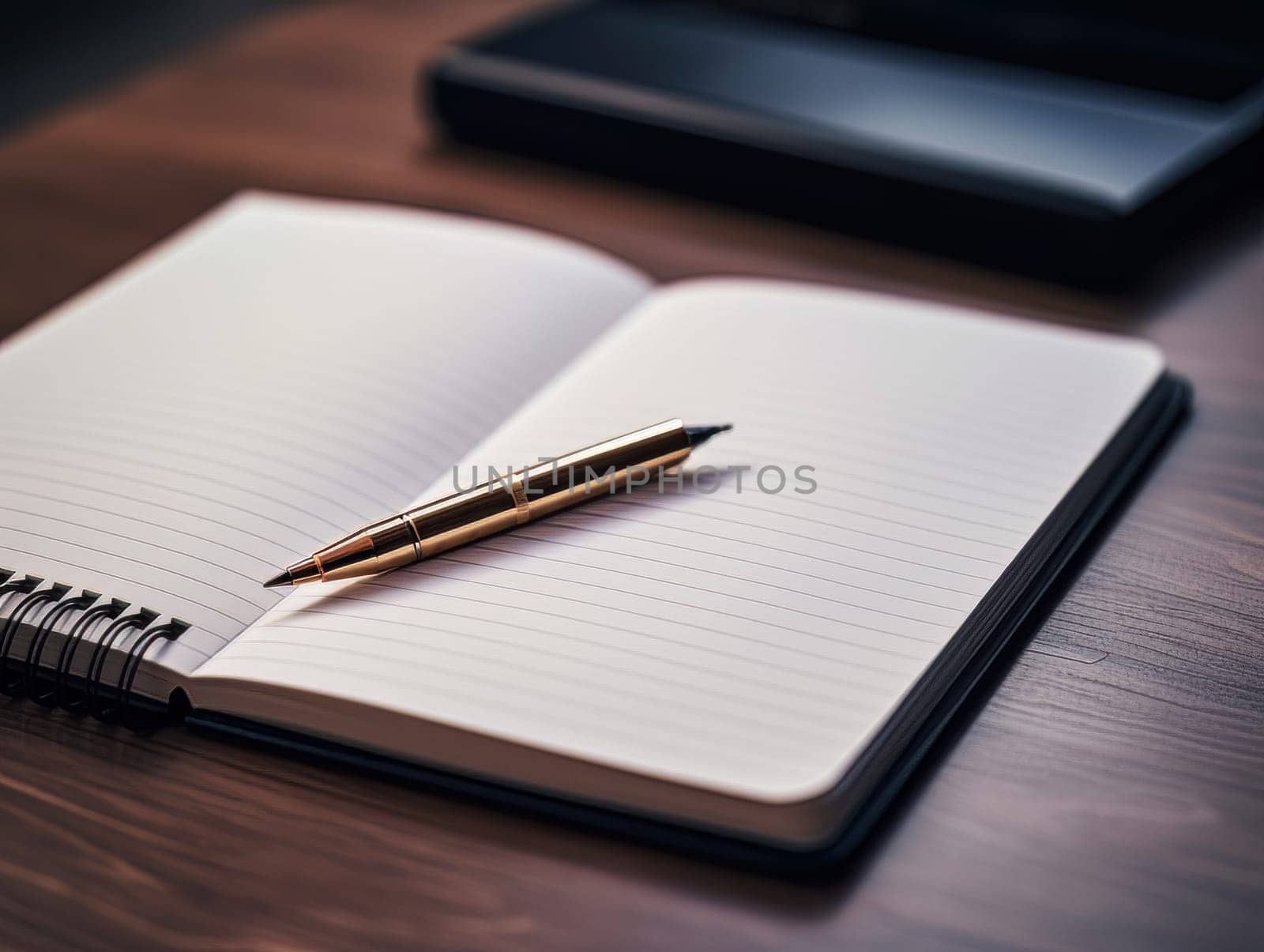 Notepad and pen for writing, stationery on wooden office table. Finance and accounting for a successful business strategy AI