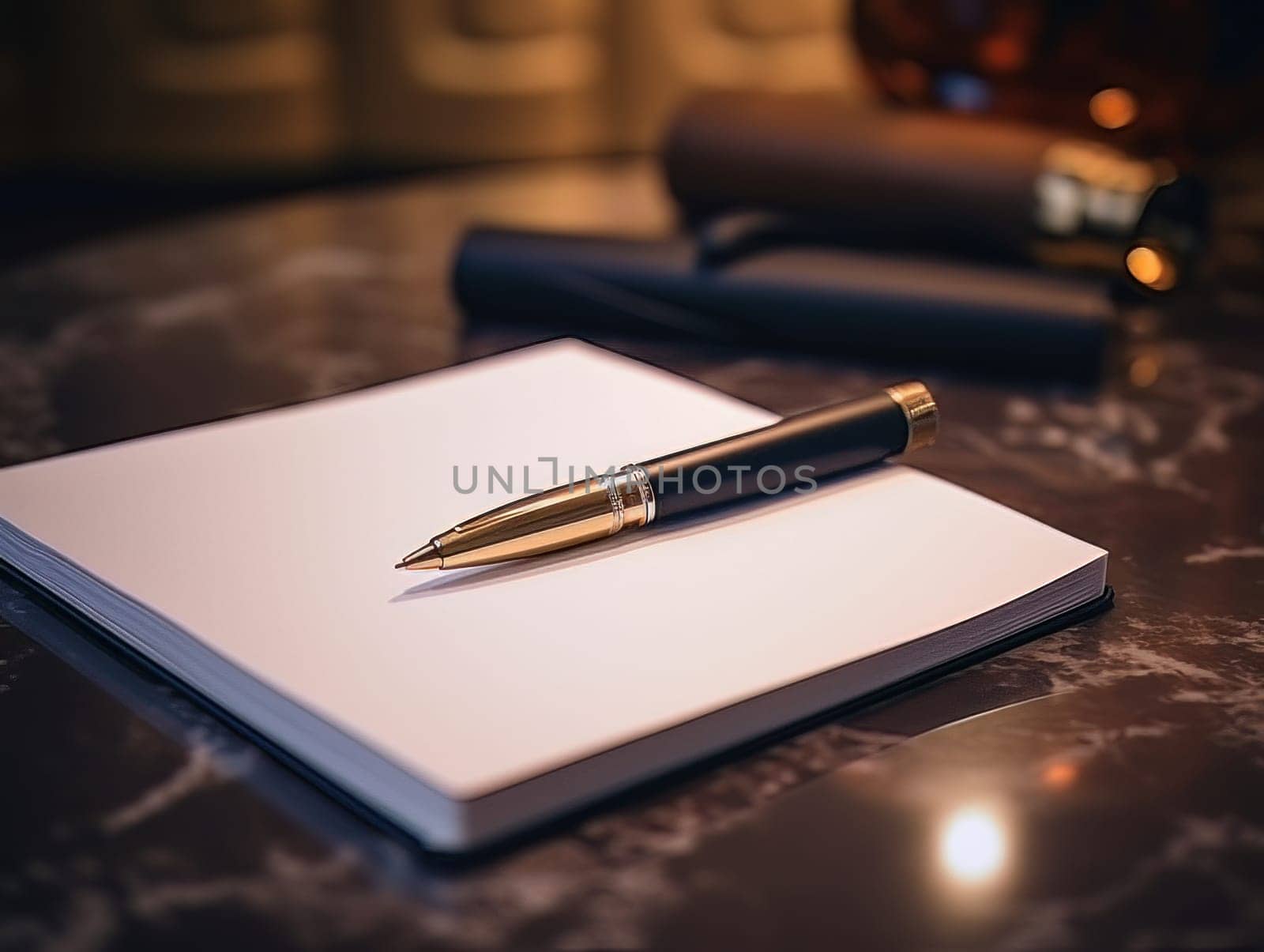 Notepad and pen for writing, stationery on wooden office table. Finance and accounting for a successful business strategy AI
