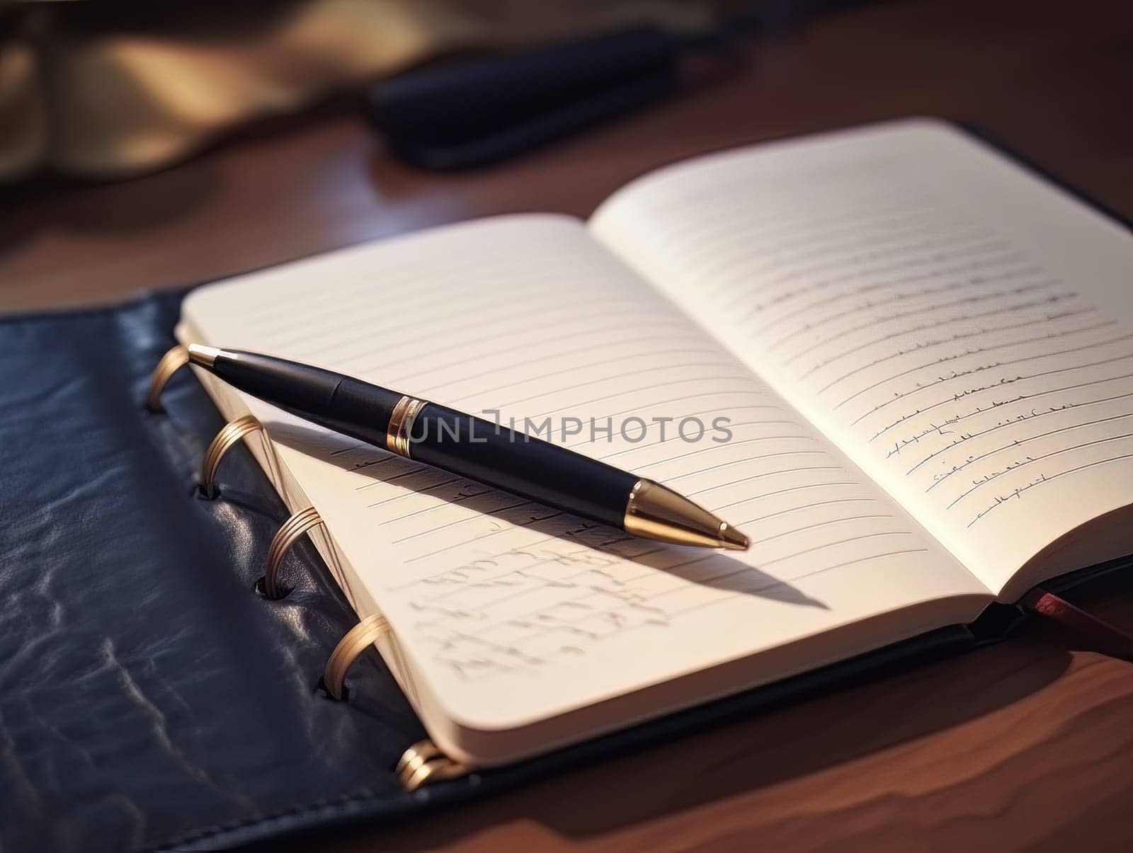 Notepad and pen for writing, stationery on wooden office table. Finance and accounting for a successful business strategy AI