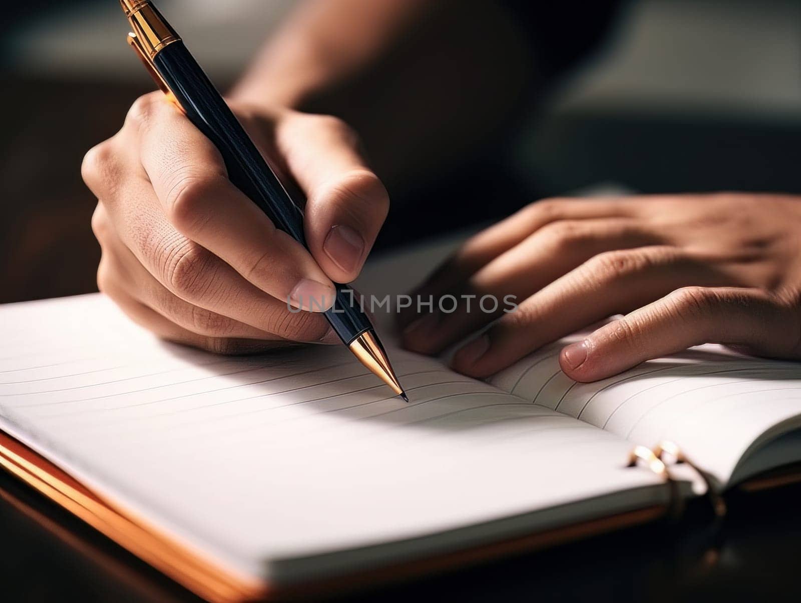 Male hand makes notes in blank notebook, close-up of hand without face with working notebook at wooden table. Finance and accounting for a successful business strategy AI