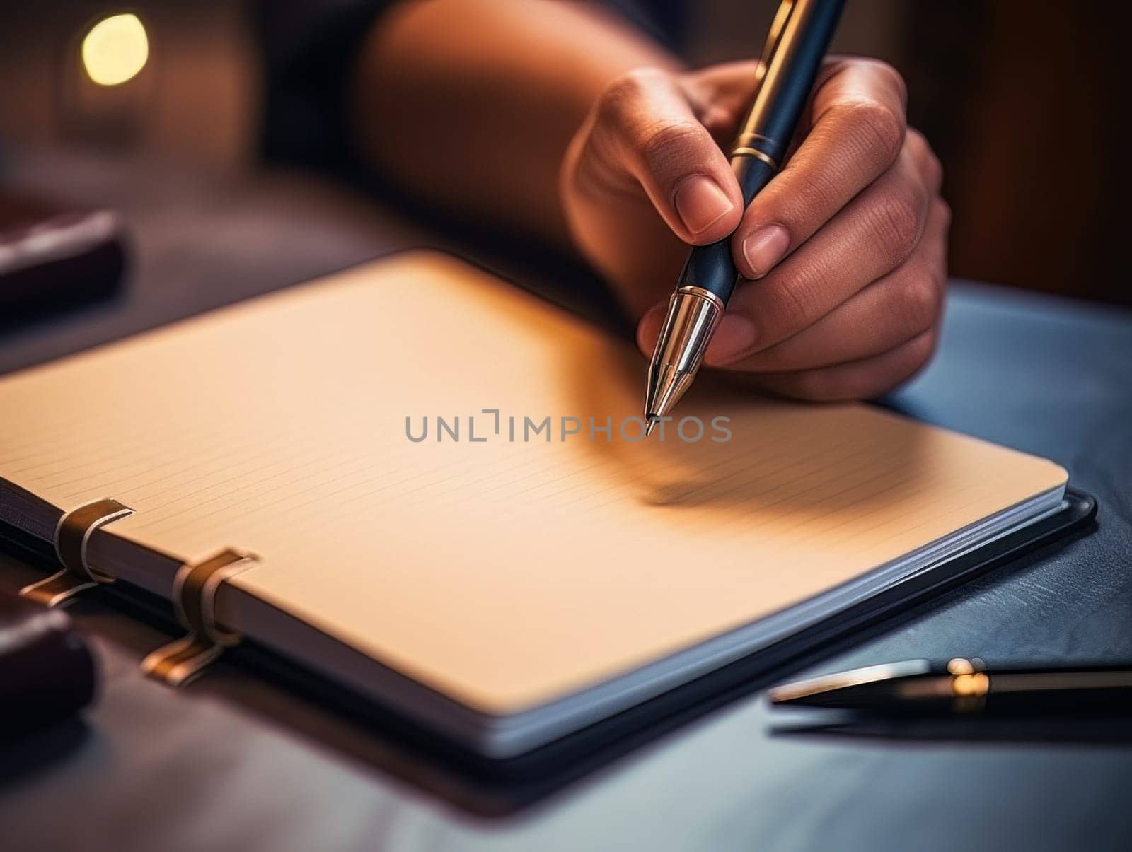 Male hand makes notes in blank notebook, close-up of hand without face with working notebook at wooden table. Finance and accounting for a successful business strategy AI