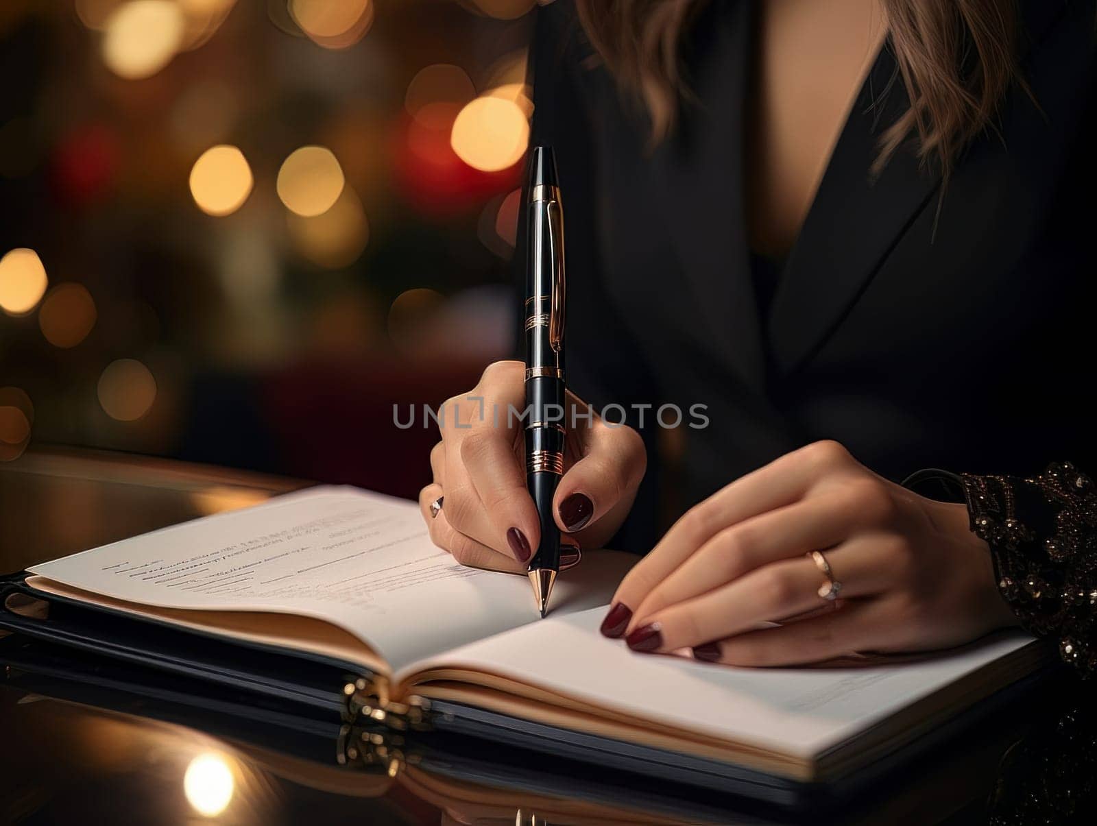 Female hand makes notes in notebook, close-up of hand without face with working notebook at wooden table. Finance and accounting for a successful business strategy AI