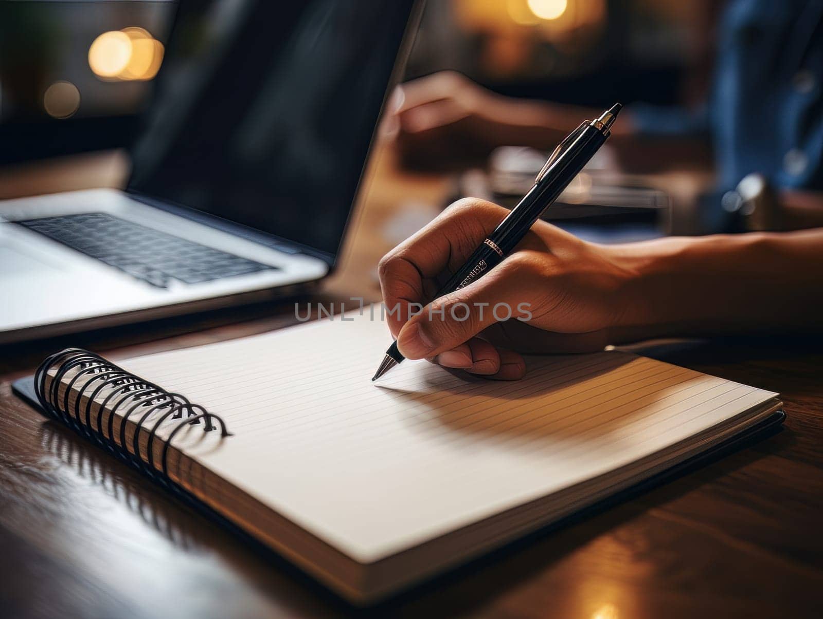 Female hand makes notes in blank notebook, close-up of hand without face with working notebook at wooden table. Finance and accounting for a successful business strategy AI