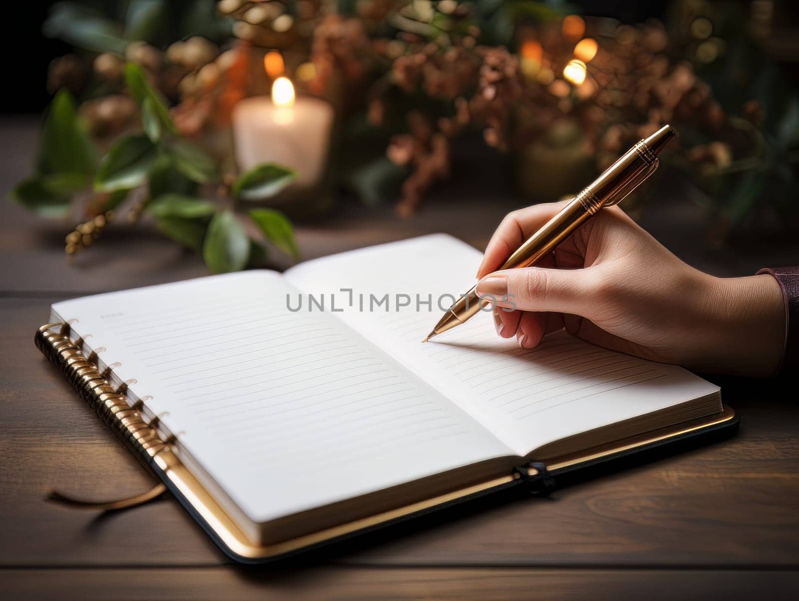 Female hand makes notes in notebook, close-up of hand without face with working notebook at wooden table. Finance and accounting for a successful business strategy AI