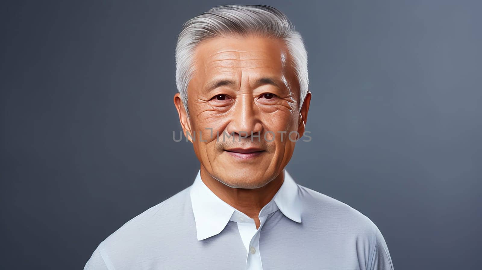 Elegant smiling elderly Asian man with gray hair, on a light blue background, banner, copy space, portrait. Advertising of cosmetic products, spa treatments, shampoos and hair care products, dentistry and medicine, perfumes and cosmetology for men