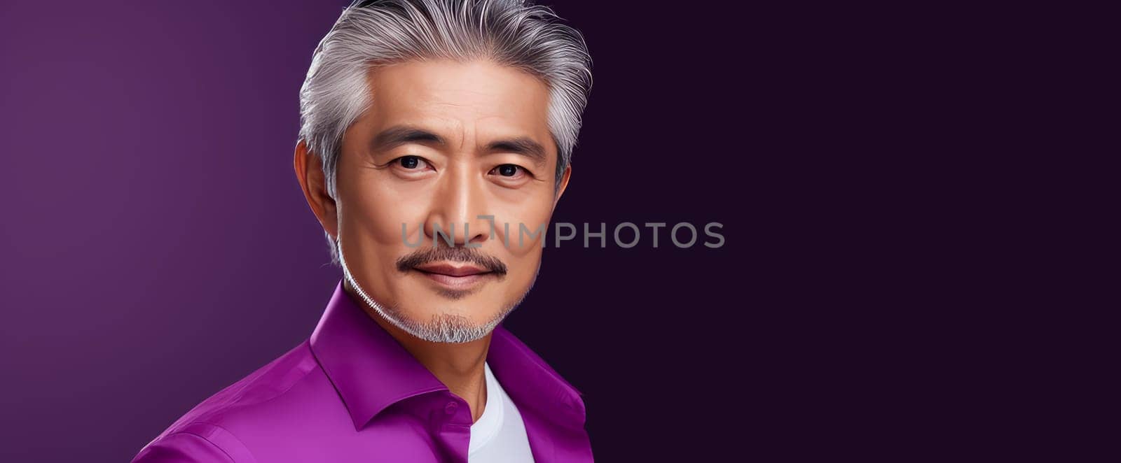 Elegant smiling elderly Asian man with gray hair, on purple background, banner, copy space, portrait. Advertising of cosmetic products, spa treatments, shampoos and hair care products, dentistry and medicine, perfumes and cosmetology for men