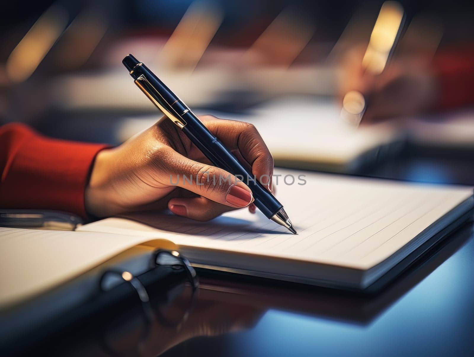 Female hand makes notes in notebook, close-up of hand without face with working notebook at wooden table. Finance and accounting for a successful business strategy AI