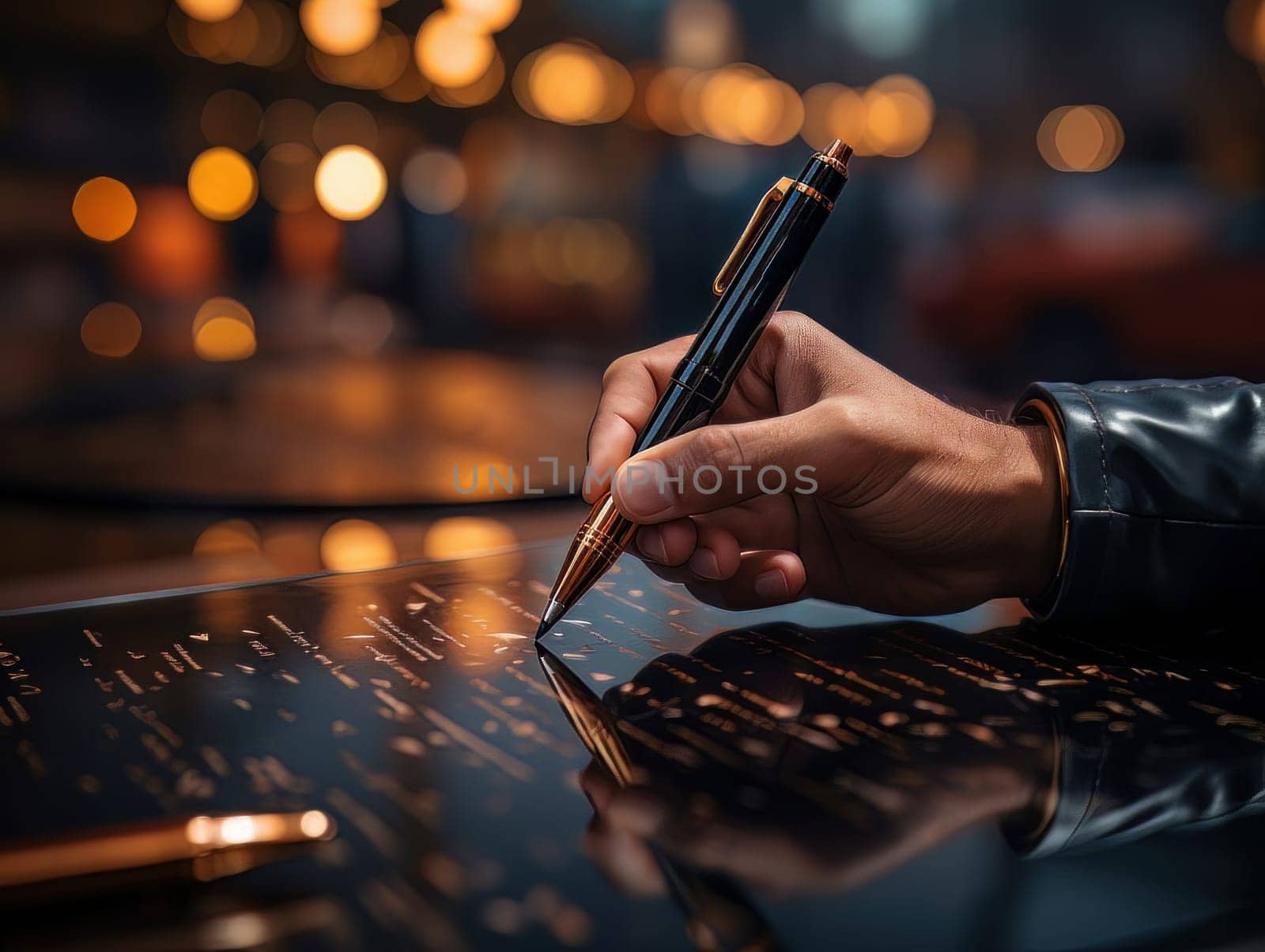 Male hand makes notes on a multimedia black board, close-up of hand without face with working notebook at wooden table. Finance and accounting for a successful business strategy AI