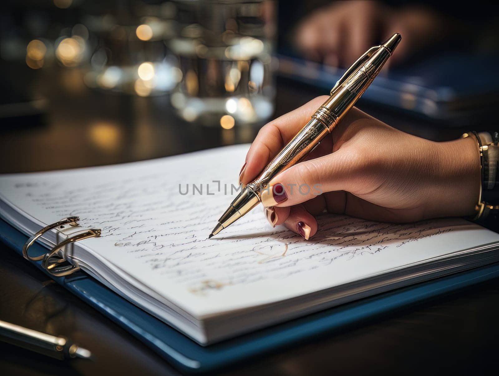 Female hand makes notes in notebook, close-up of hand without face with working notebook at wooden table. Finance and accounting for a successful business strategy AI