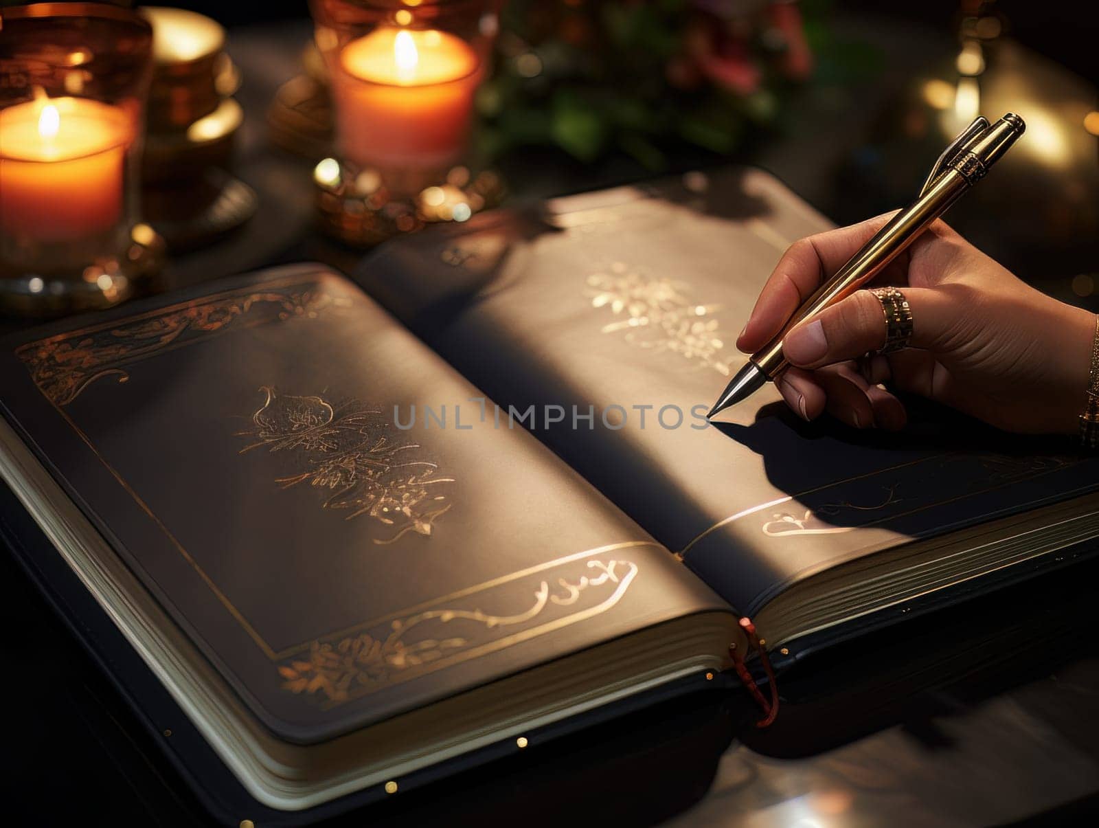 Female hand makes notes in blank notebook, close-up of hand without face with working notebook at wooden table. Finance and accounting for a successful business strategy AI