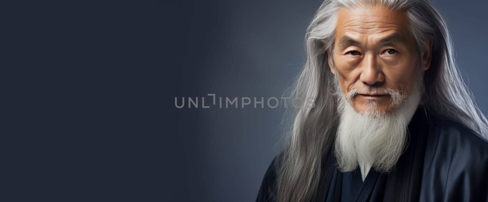 Portrait of an elderly handsome Asian senior man old with gray long hair, on a gray background, banner. Advertising of cosmetic products, spa treatments, shampoos and hair care products, dentistry and medicine, perfumes and cosmetology for men