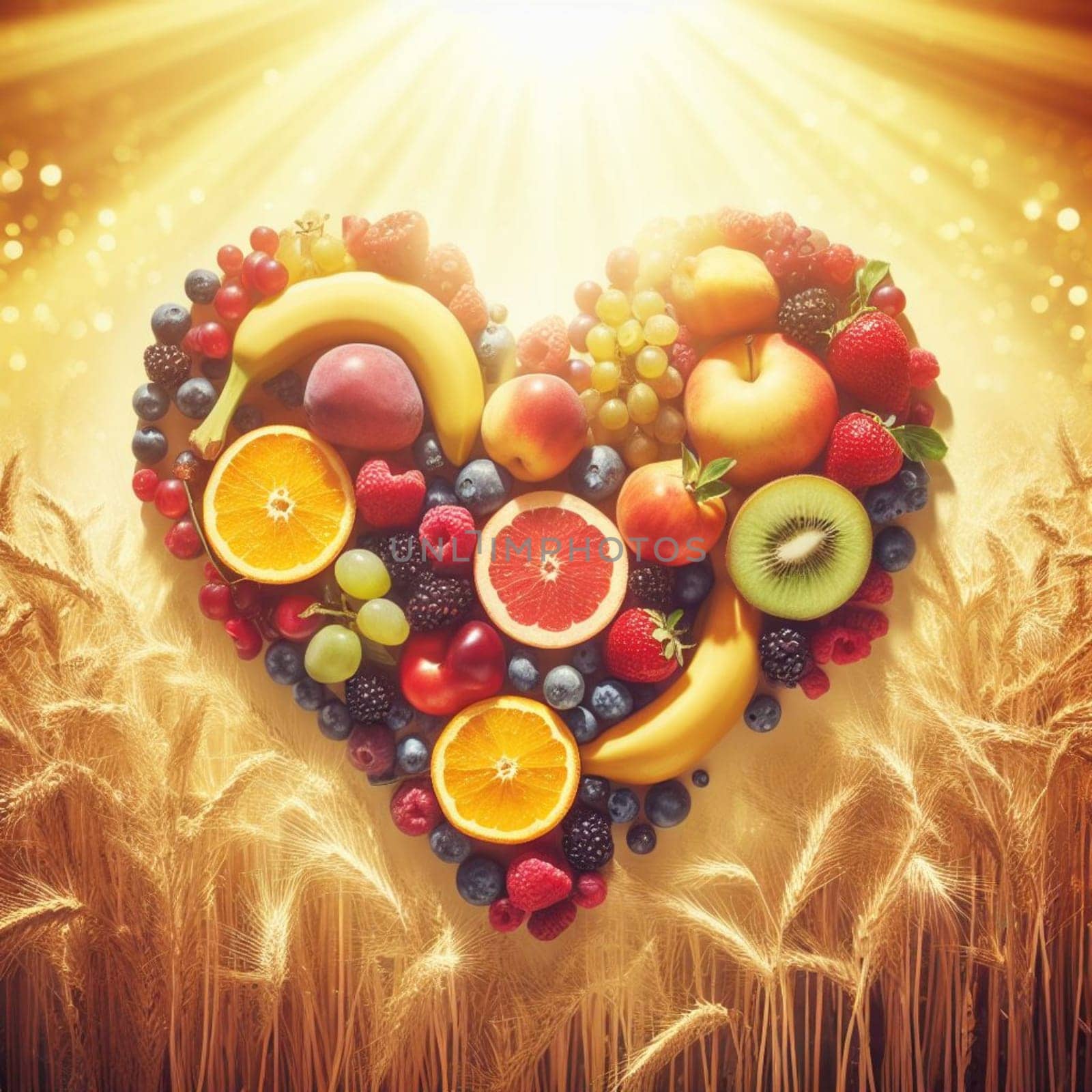 heart shaped collage of healthy fruit full of vitamins by verbano