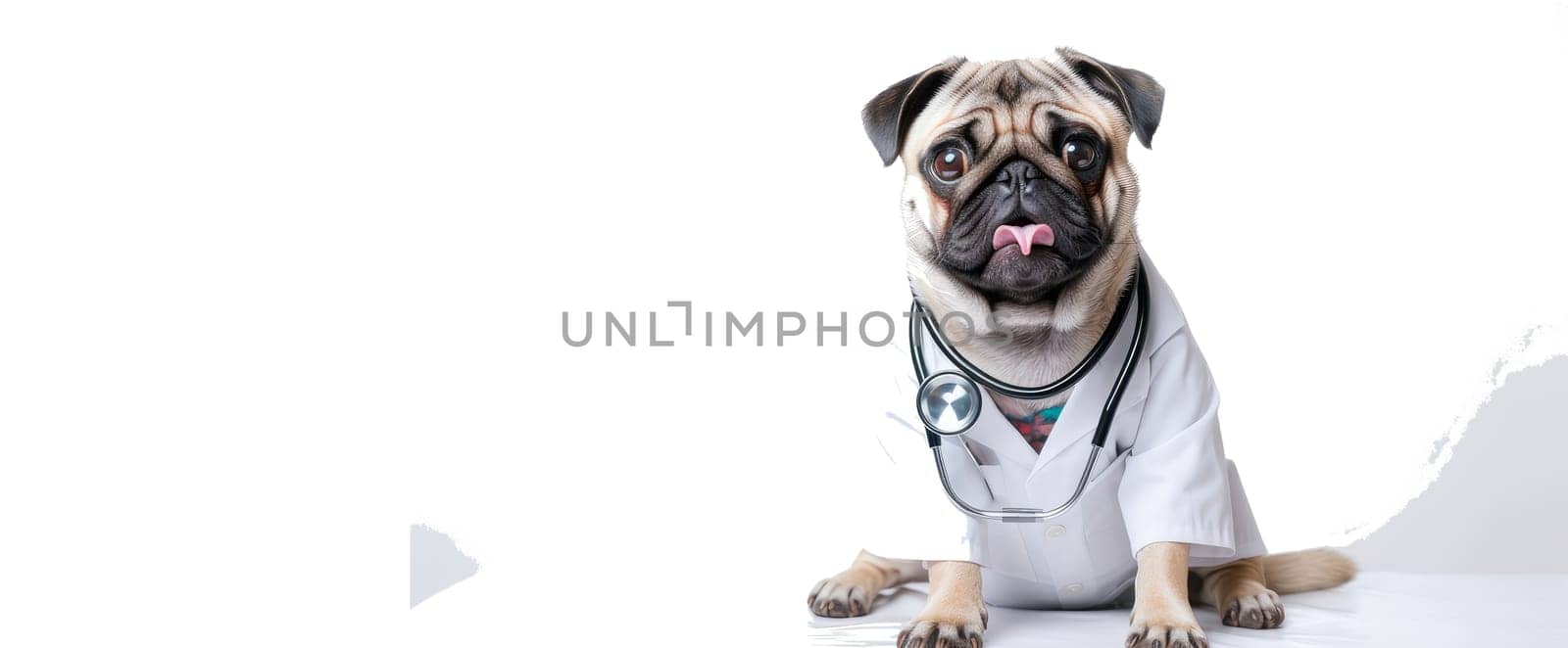 A dog with glasses, a stethoscope and a doctor's suit on a white background. Pet care and grooming concept. Banner
