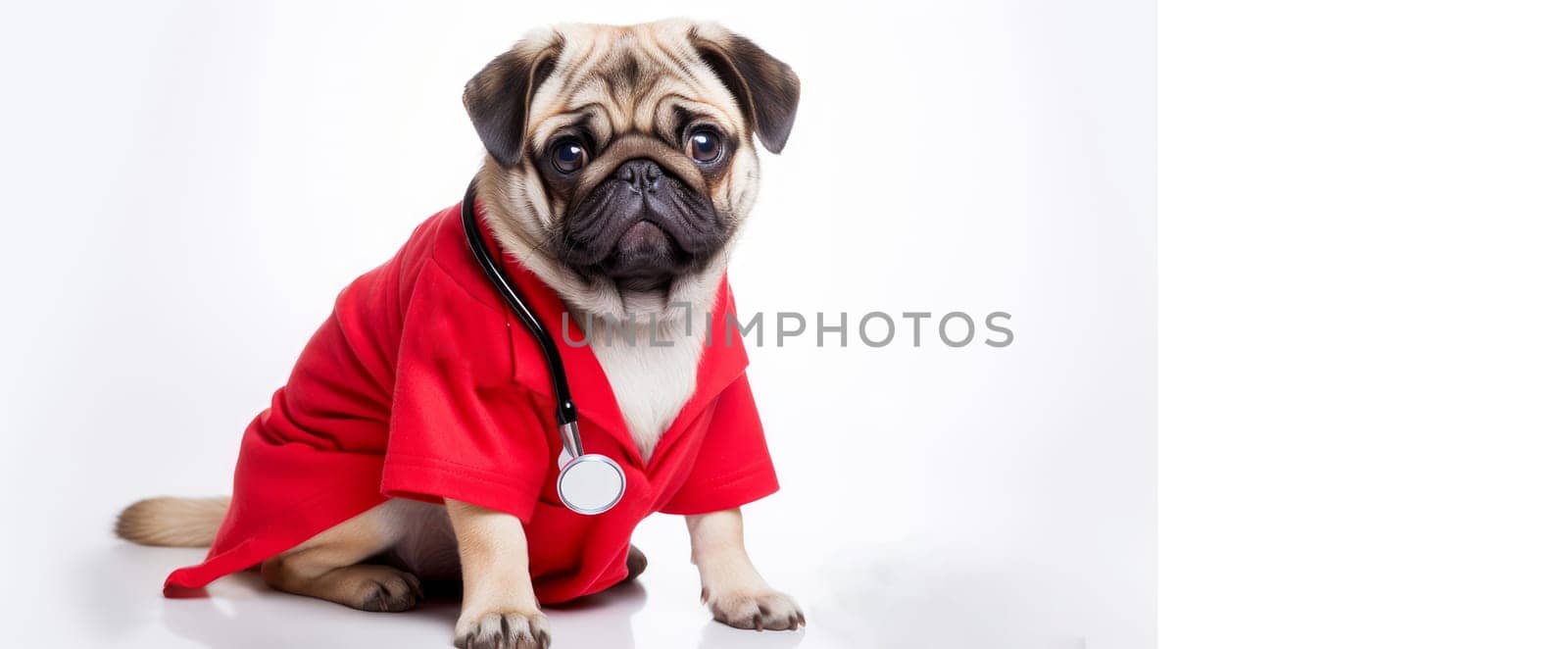 A dog with glasses, with a stethoscope in a red jacket and a doctor's suit against the white background. Pet care and grooming concept.