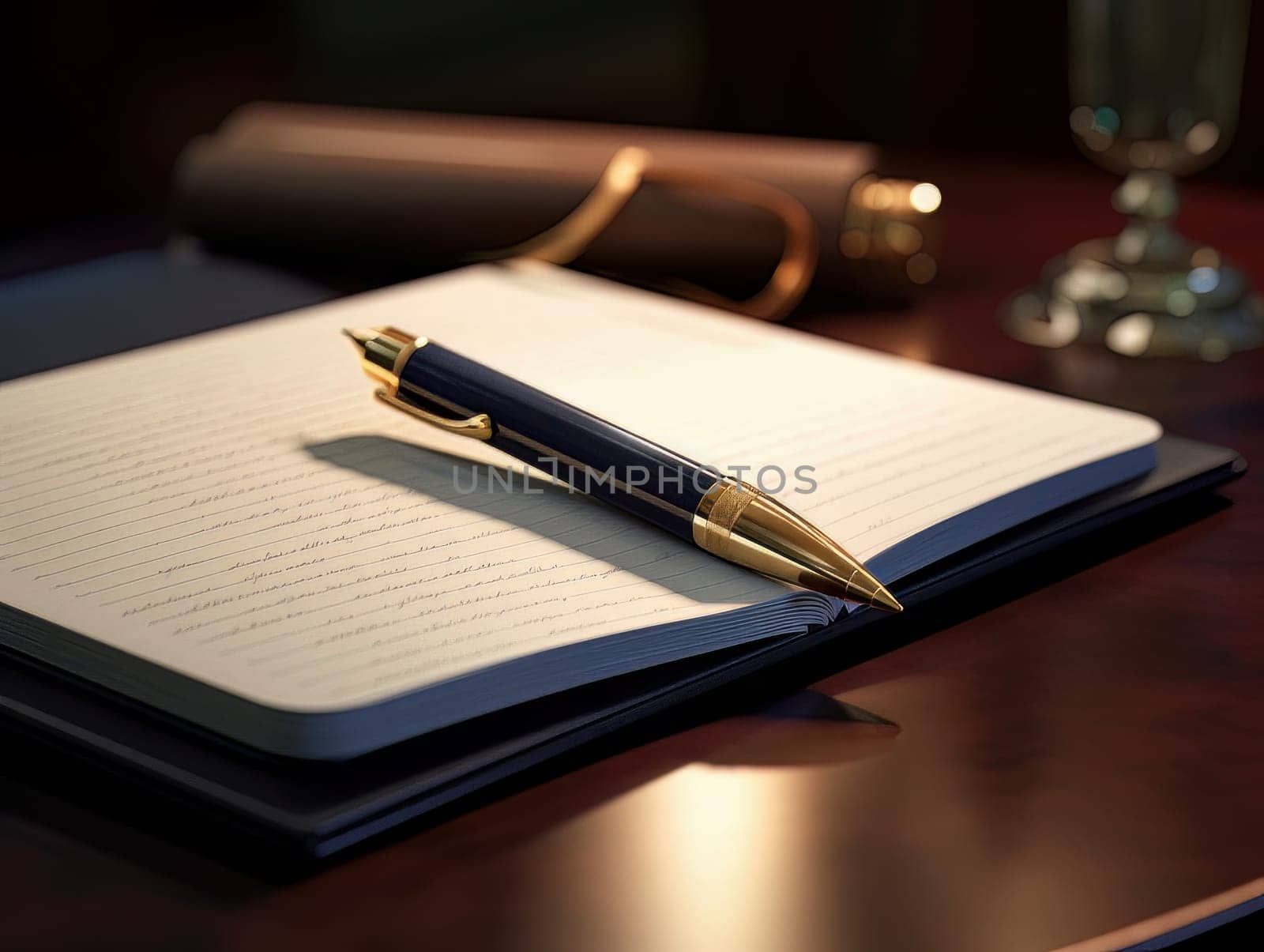 Notepad and pen for writing, stationery on wooden office table. Finance and accounting for a successful business strategy AI