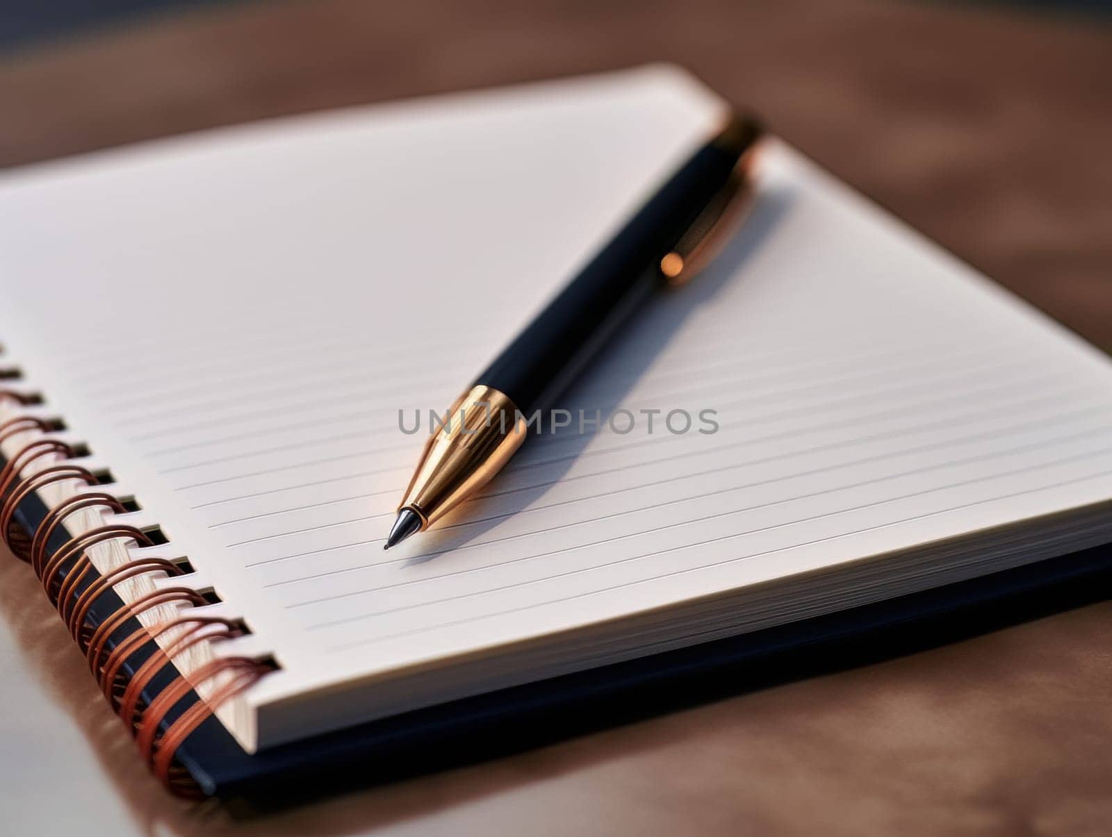 Notepad and pen for writing, stationery on wooden office table. Finance and accounting for a successful business strategy AI