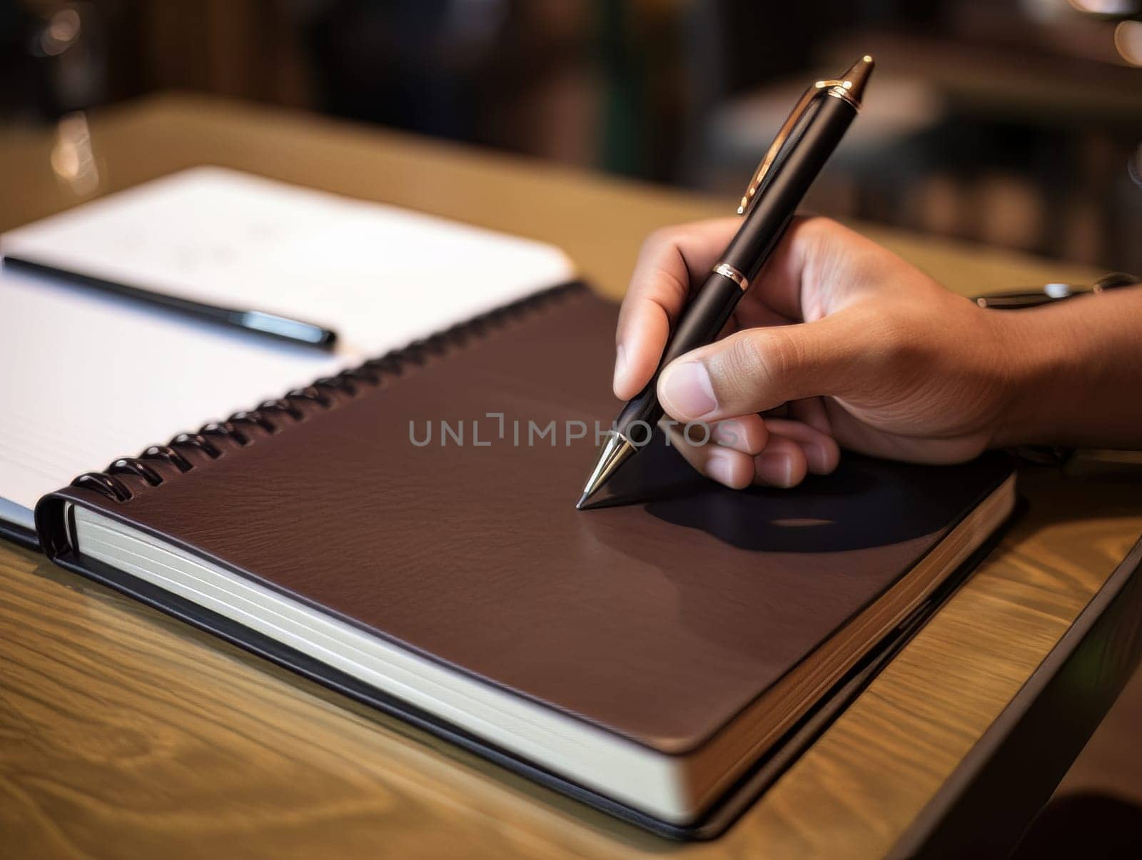 Male hand makes notes in blank notebook, close-up of hand without face with working notebook at wooden table. Finance and accounting for a successful business strategy AI