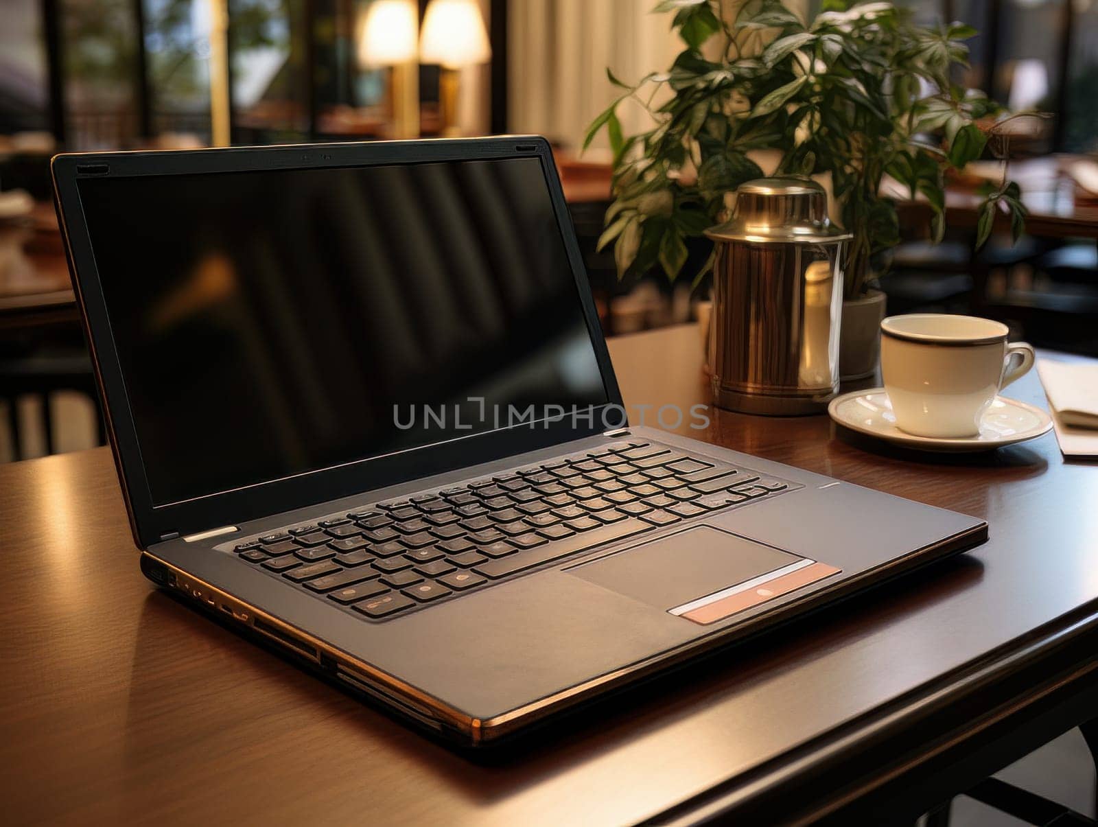 A freelancer's place in coworking space. Laptop and cup on a table in a public establishment such as a cafe AI