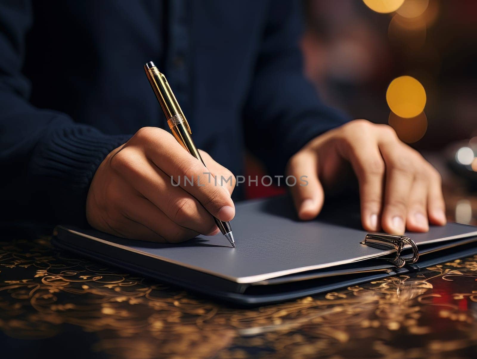 Male hand makes notes in blank notebook, close-up of hand without face with working notebook at wooden table. Finance and accounting for a successful business strategy AI