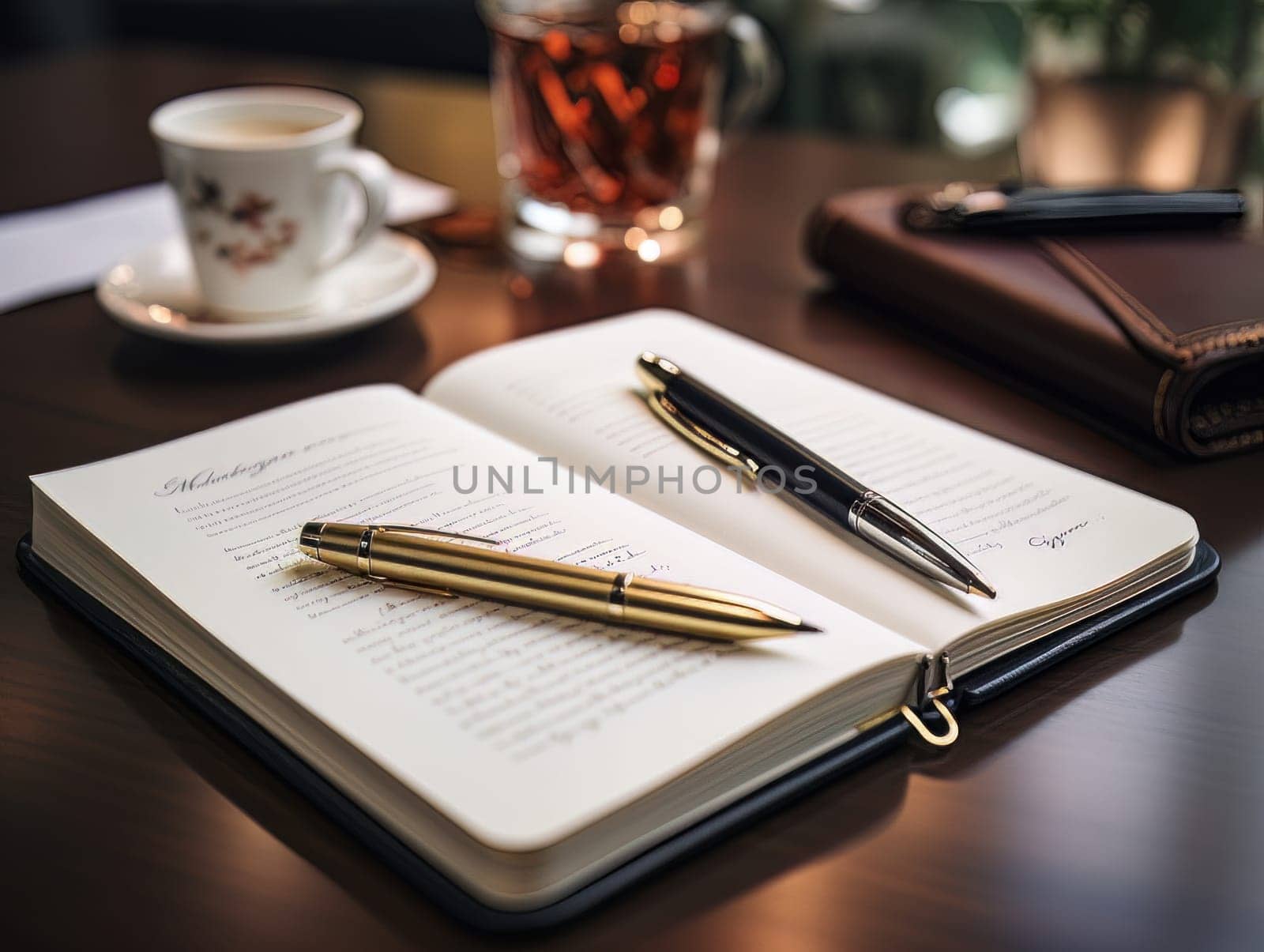 Notepad and pen for writing, stationery on wooden office table. Finance and accounting for a successful business strategy AI