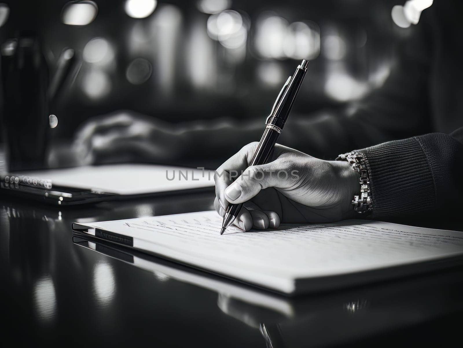 Male hand makes notes in blank notebook, close-up of hand without face with working notebook at wooden table, black and white image. Finance and accounting for a successful business strategy AI