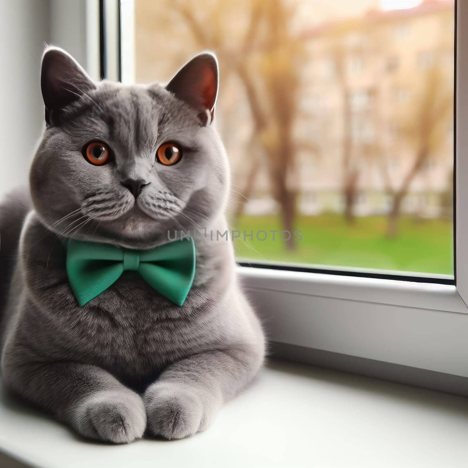 Noble proud cat lying on window sill. The British Shorthair with blue gray fur