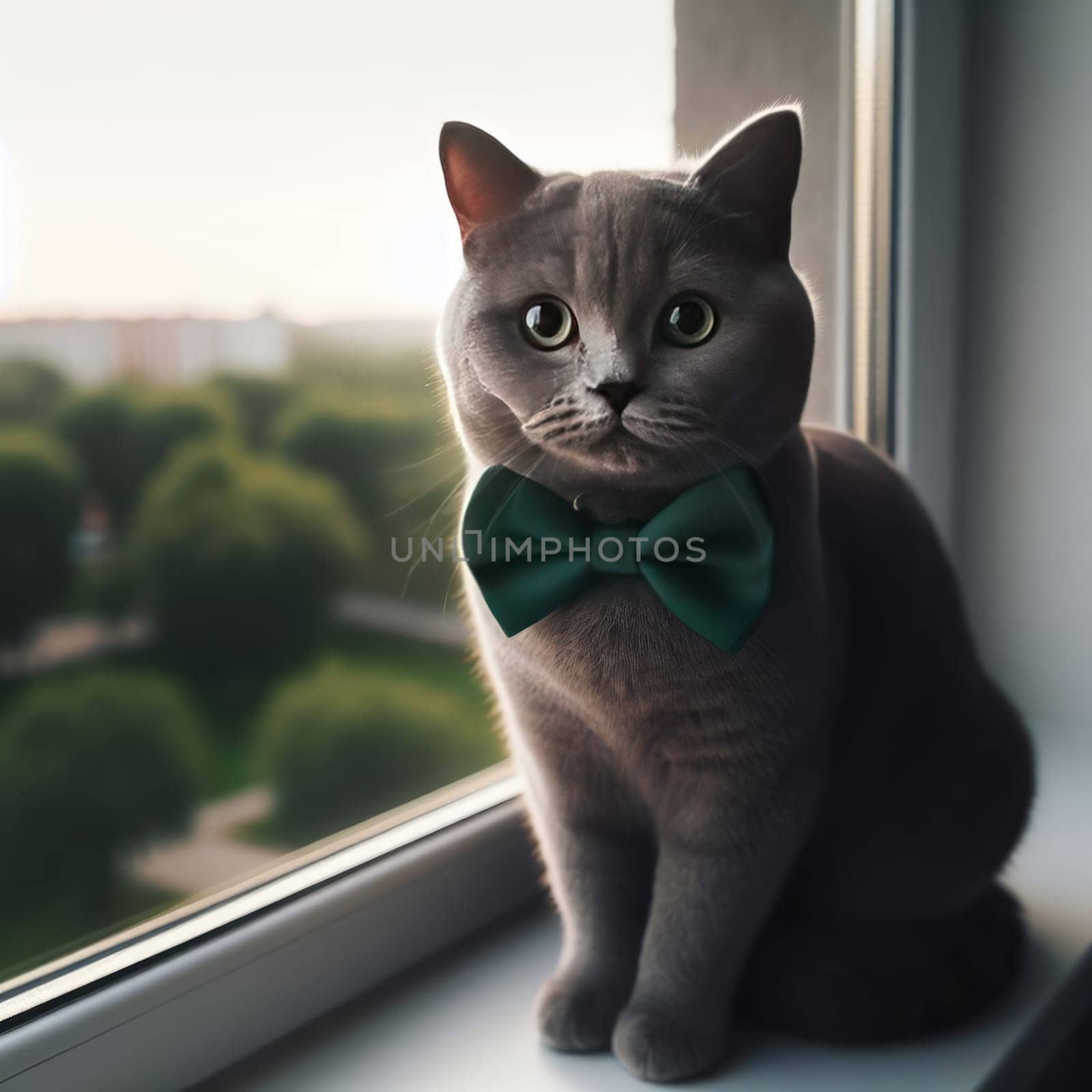 Noble proud cat lying on window sill. The British Shorthair with blue gray fur