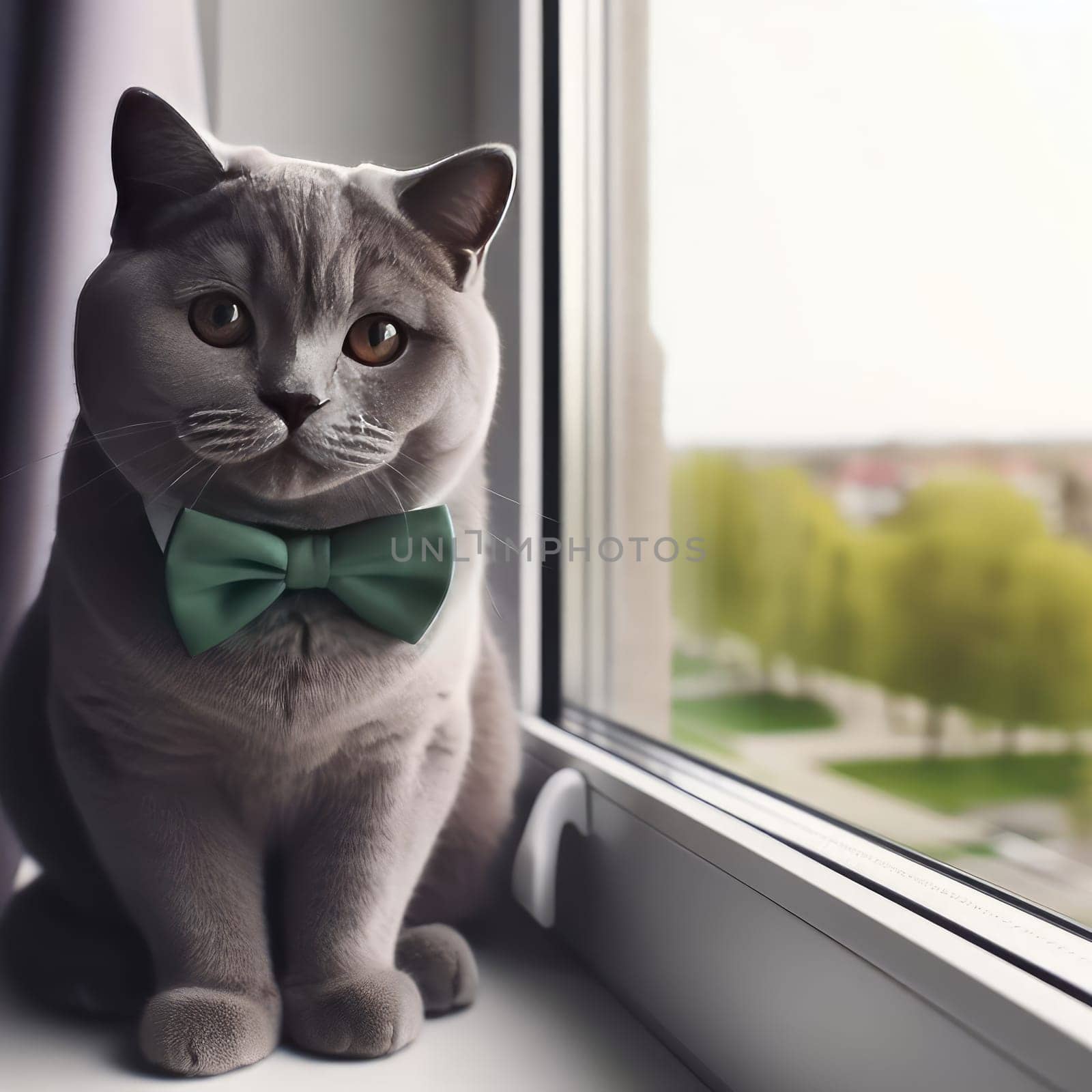 Noble proud cat lying on window sill. The British Shorthair with blue gray fur