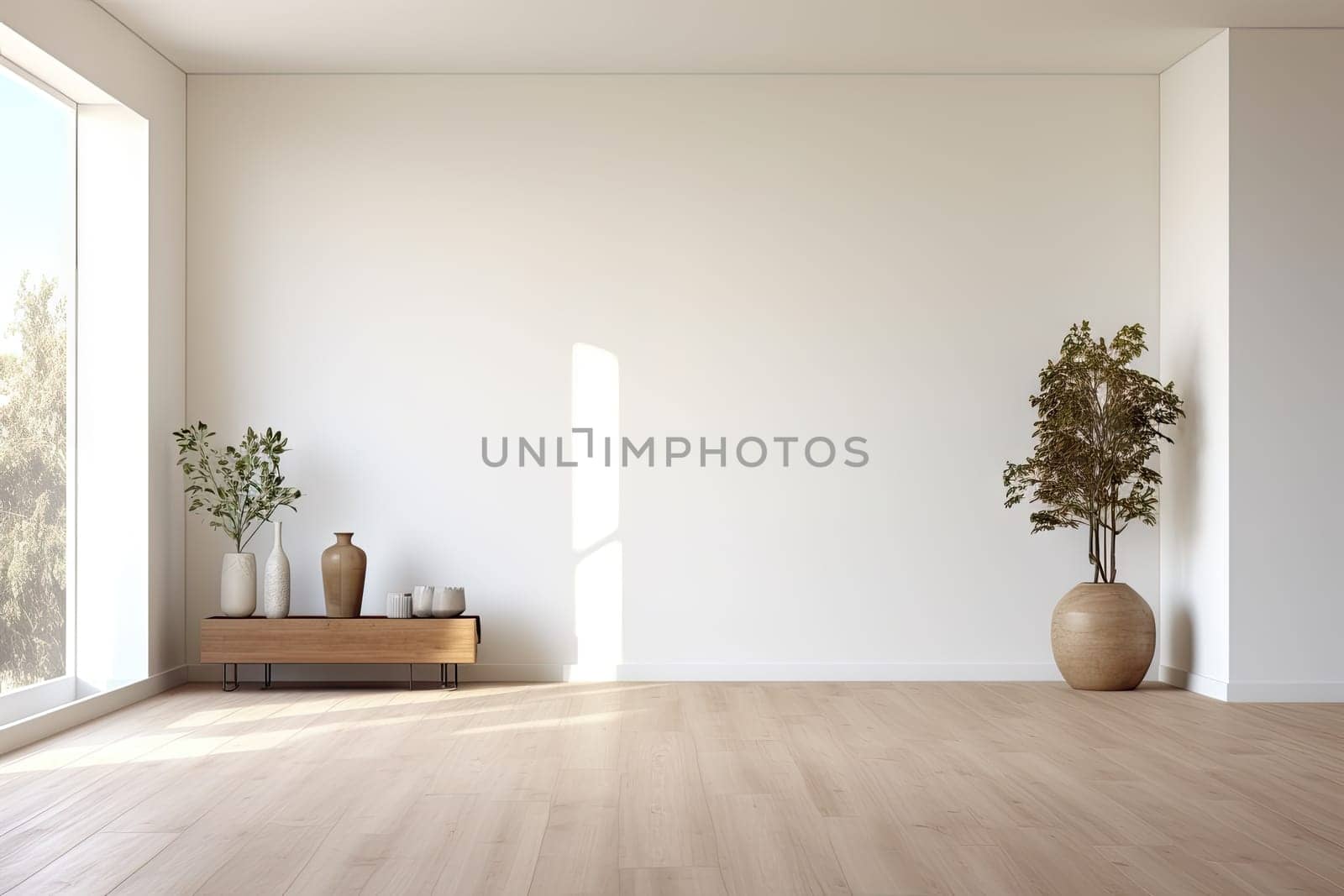 Empty modern room with white walls and large windows Minimalist interior design in a luxury apartment The space is clean and contemporary by Generative AI by wichayada