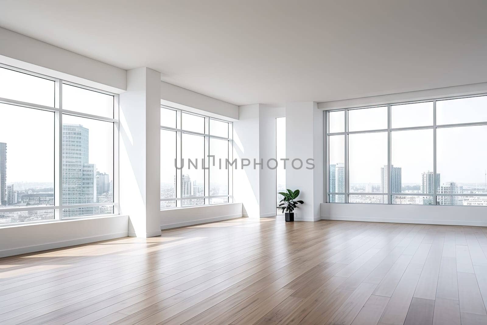 Empty modern room with white walls and large windows Minimalist interior design in a luxury apartment The space is clean and contemporary by Generative AI by wichayada