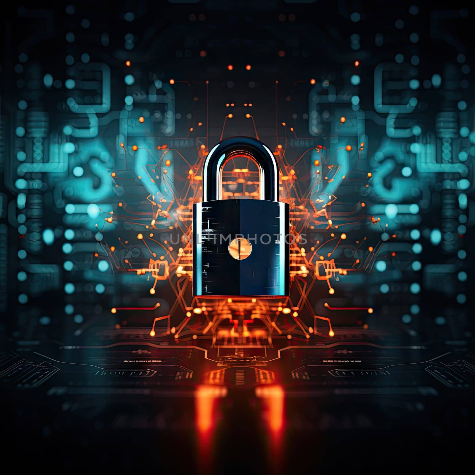 Cybersecurity and data concept, lock, binary digits, key background, orange and dark , modern, high quality, technology by Generative AI by wichayada