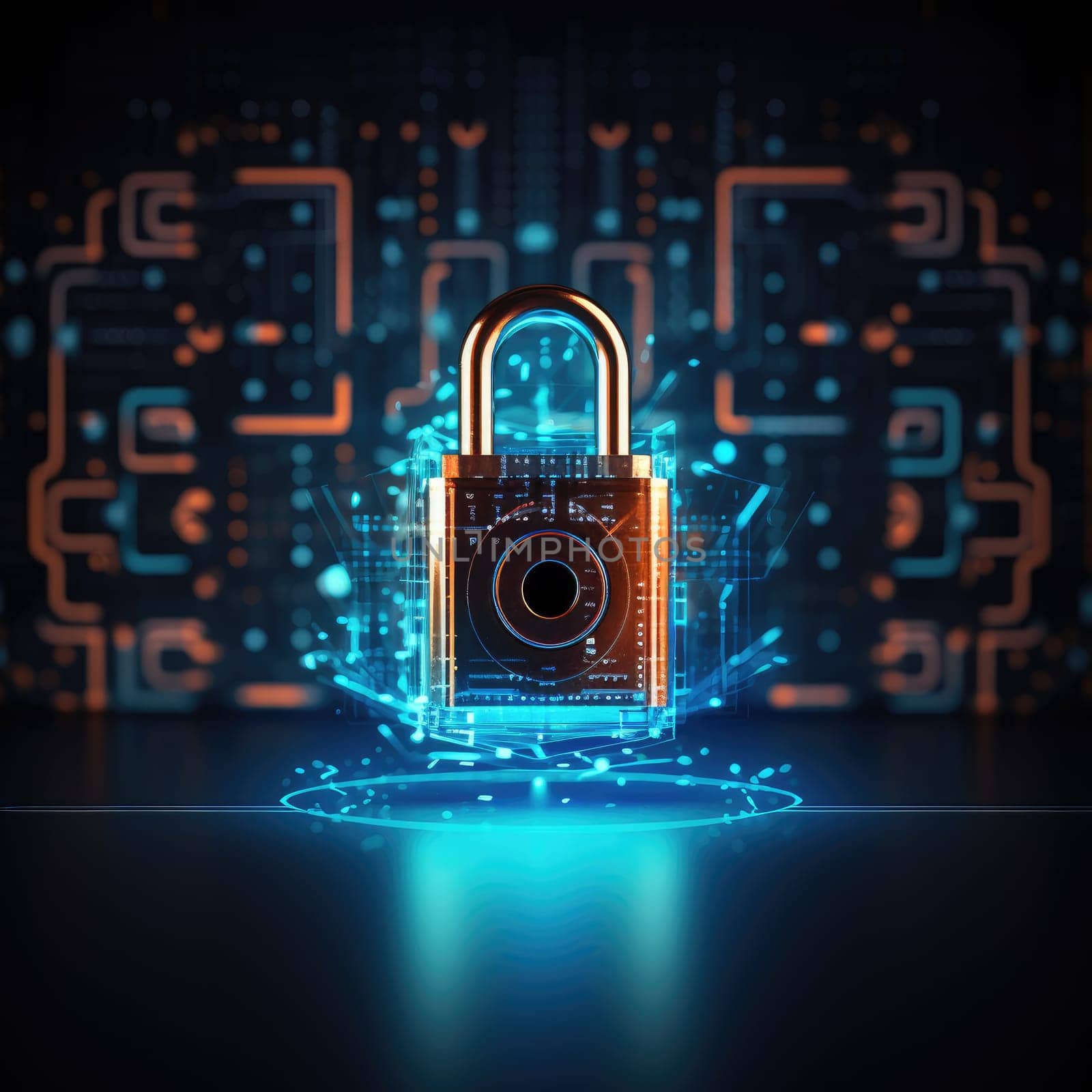 Cybersecurity and data concept, lock, binary digits, key background, orange and dark , modern, high quality, technology by Generative AI by wichayada