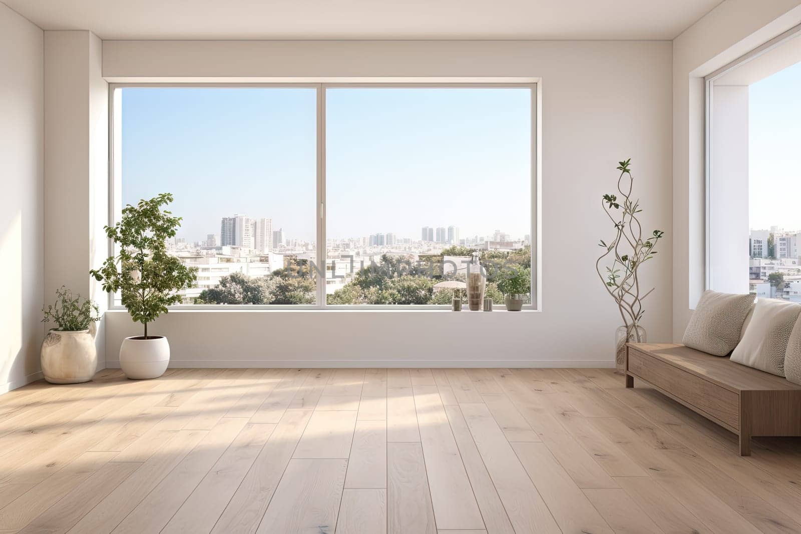 Empty modern room with white walls and large windows Minimalist interior design in a luxury apartment The space is clean and contemporary by Generative AI.