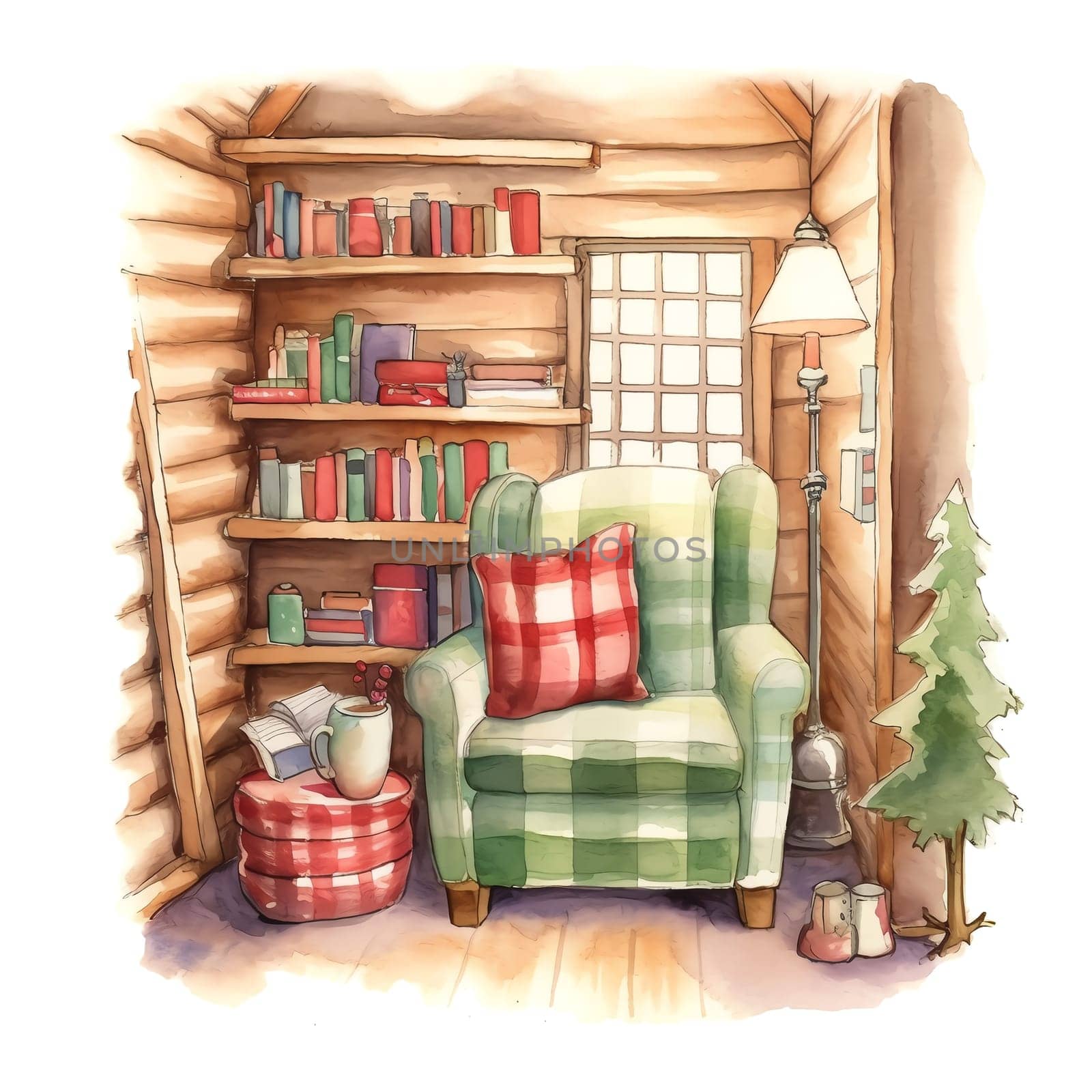 Watercolor Christmas Cozy Reading Corner Sublimation. AI generated.