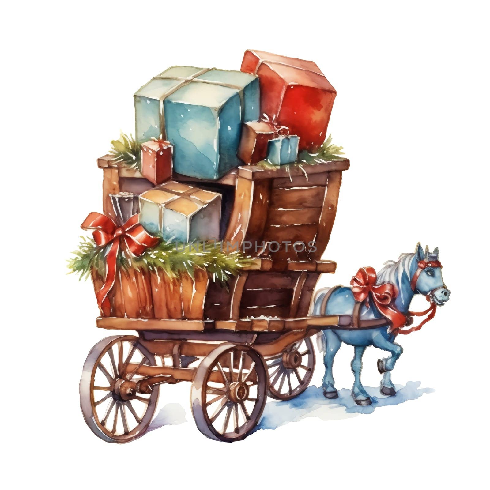 Watercolor christmas wagon with gifts Sublimation. AI generated.
