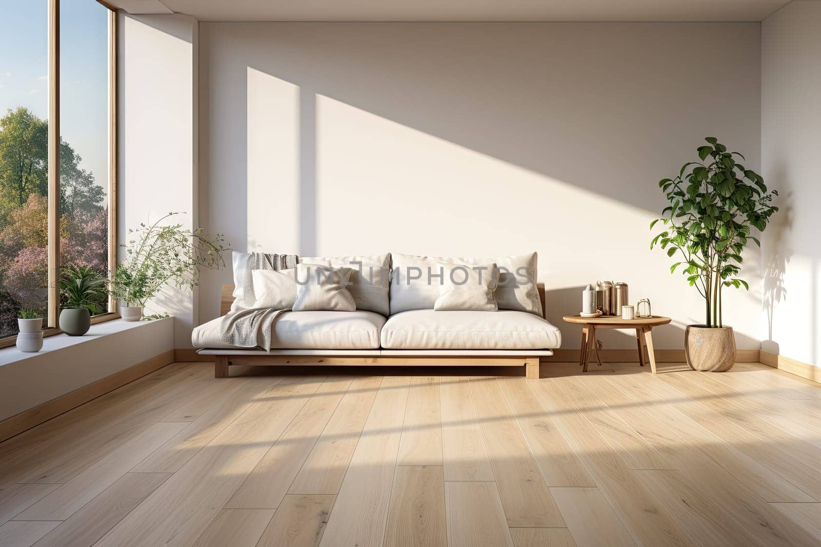 Empty modern room with white walls and large windows Minimalist interior design in a luxury apartment The space is clean and contemporary by Generative AI by wichayada