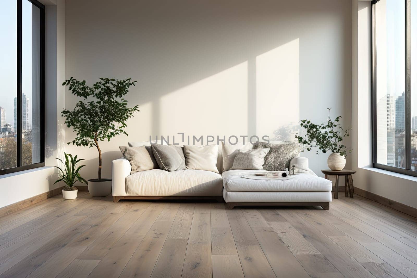 Empty modern room with white walls and large windows Minimalist interior design in a luxury apartment The space is clean and contemporary by Generative AI by wichayada