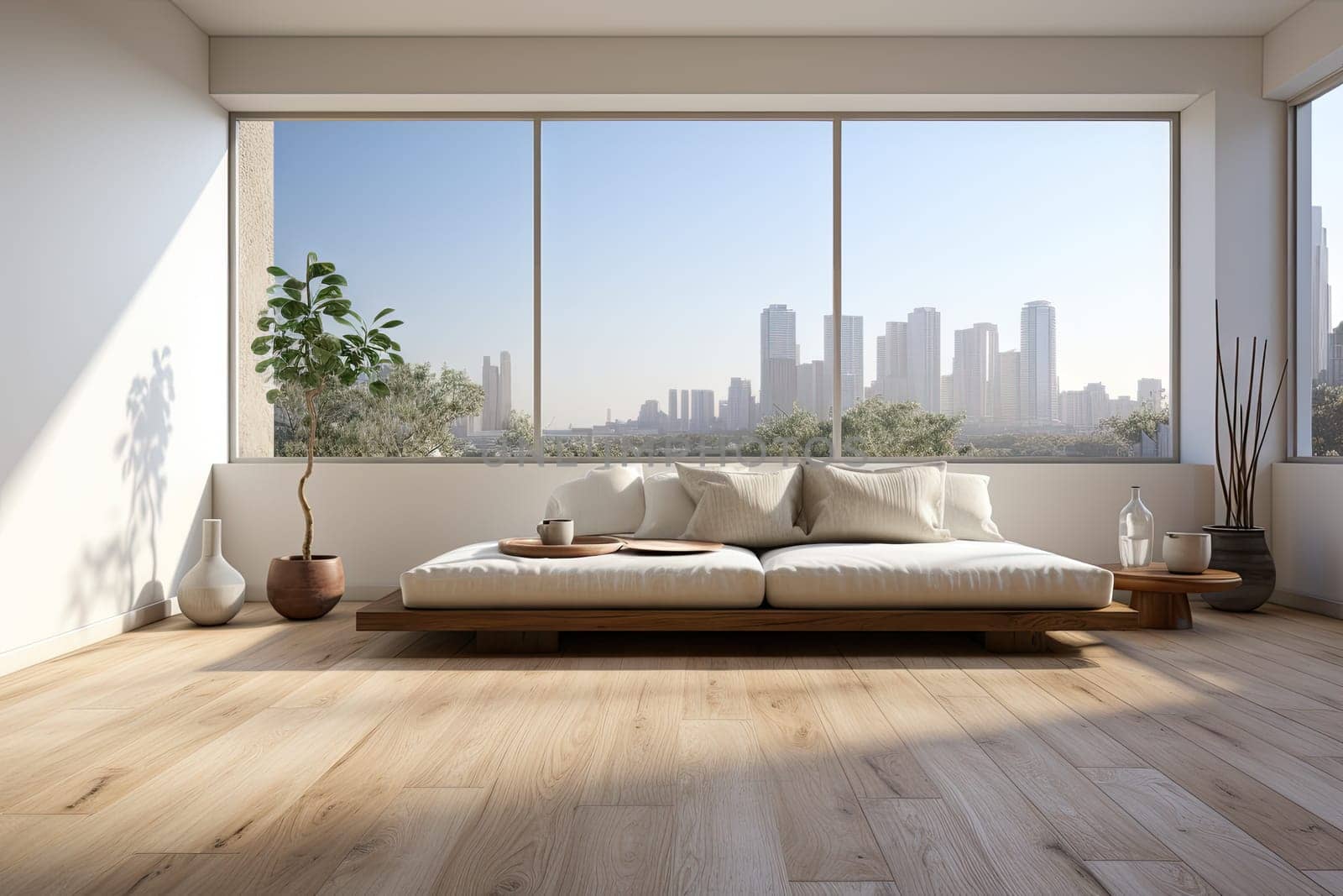 Empty modern room with white walls and large windows Minimalist interior design in a luxury apartment The space is clean and contemporary by Generative AI.